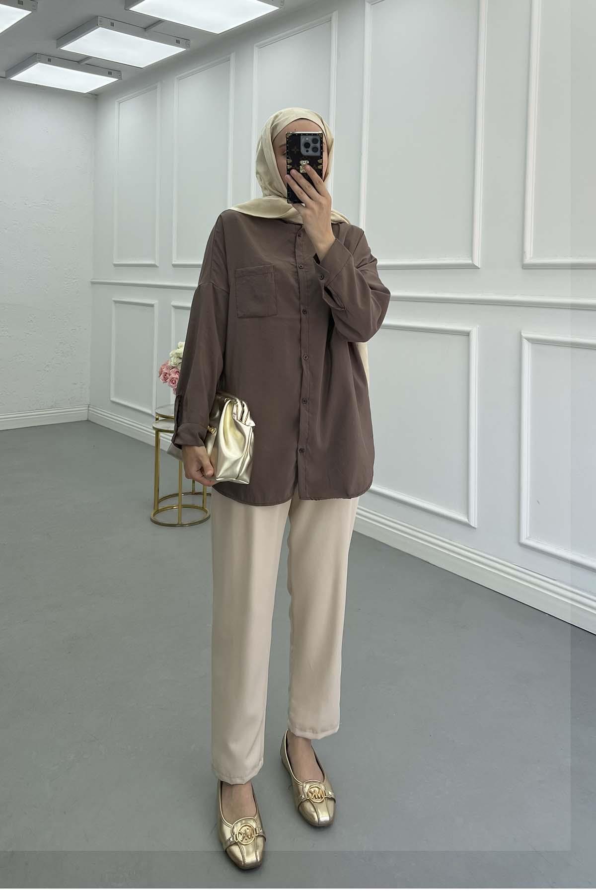 Cep Detaylı Tensel Gömlek Kahve