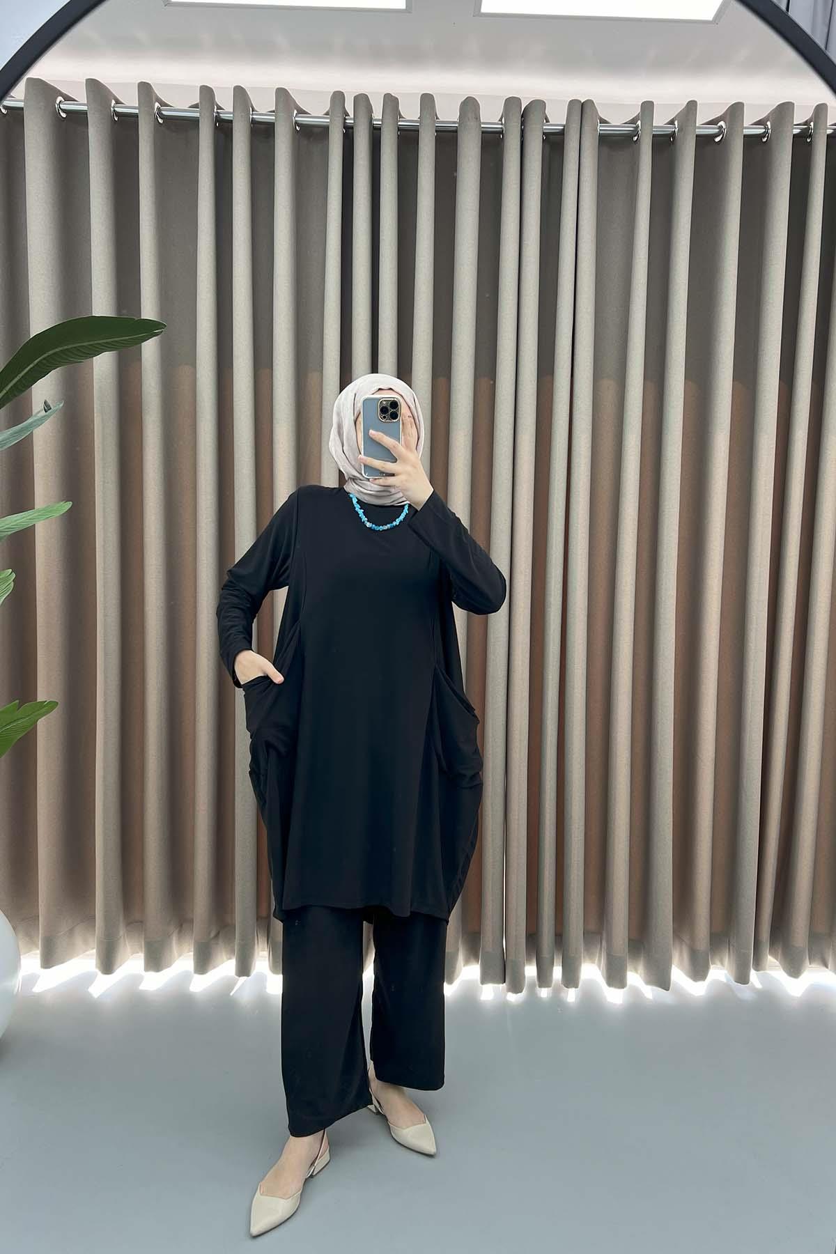 Cep Detaylı Tunik Takım Siyah