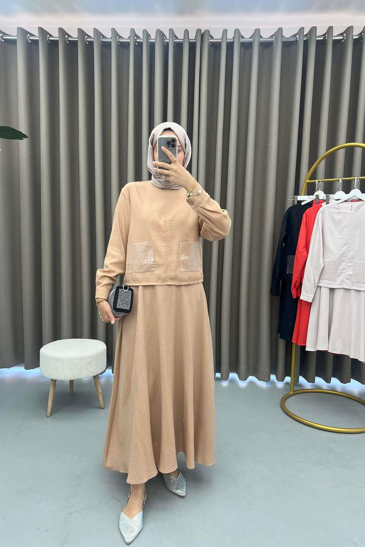 Cep Pullu Etek Takım Camel