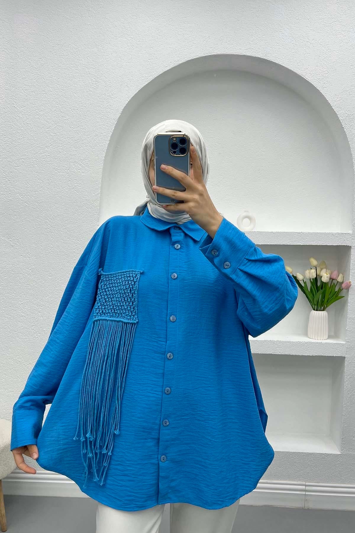 Cep Püsküllü Gömlek Mavi