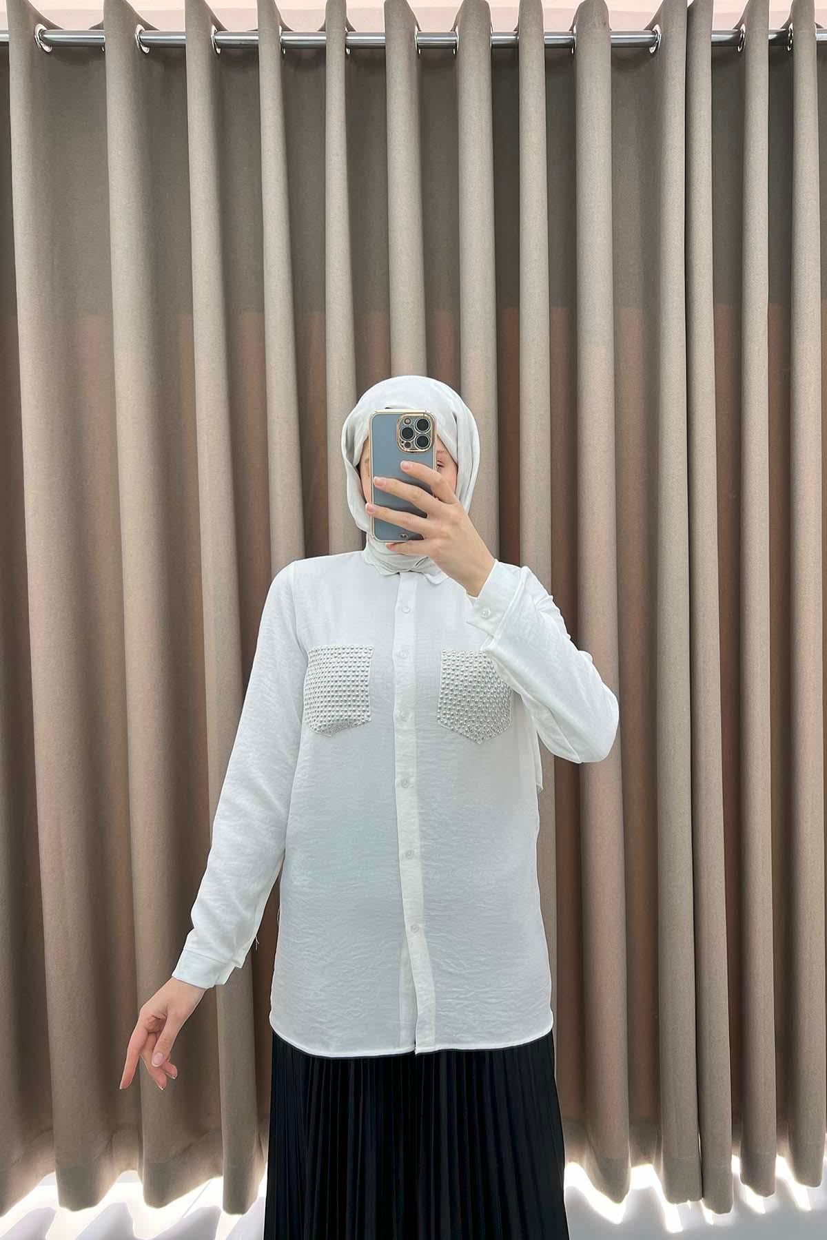 Cep Taşlı Gömlek Beyaz