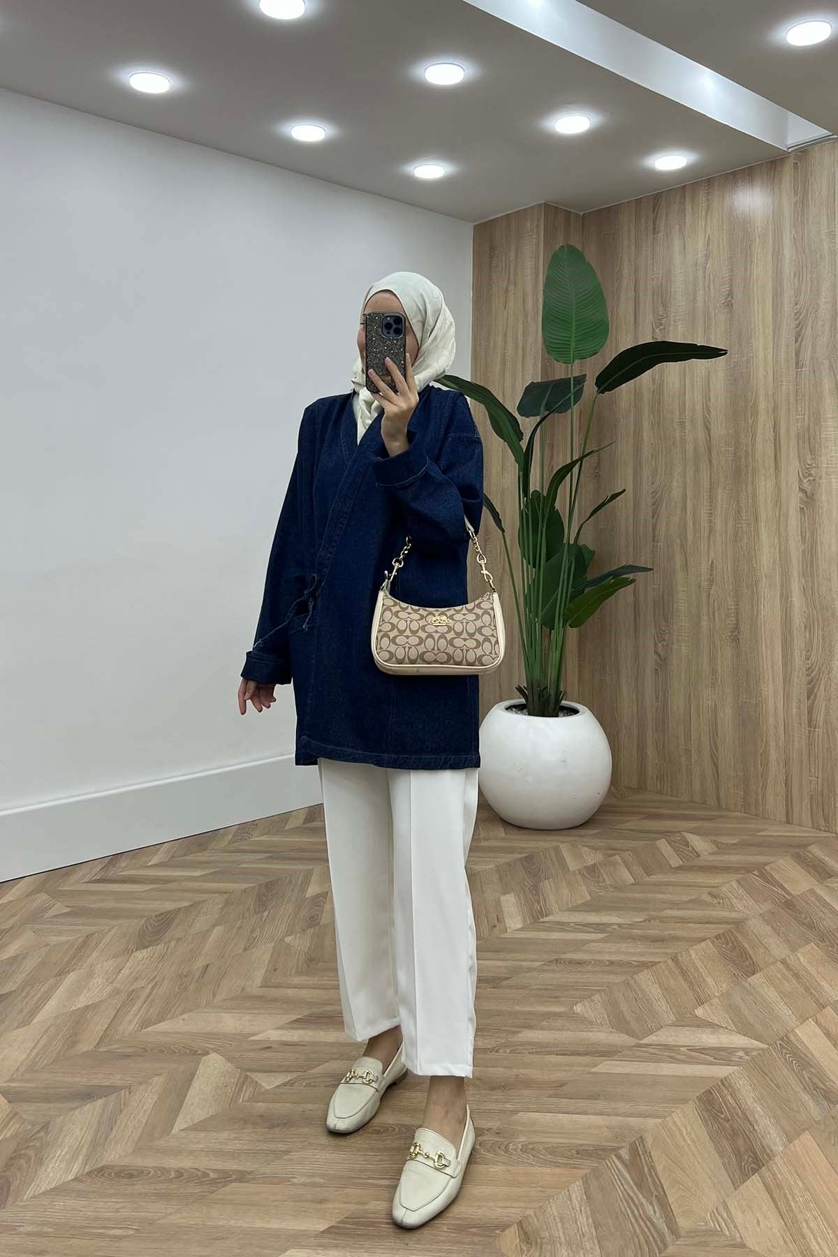 Cepli Bağlamalı Kot Kimono Ceket Mavi