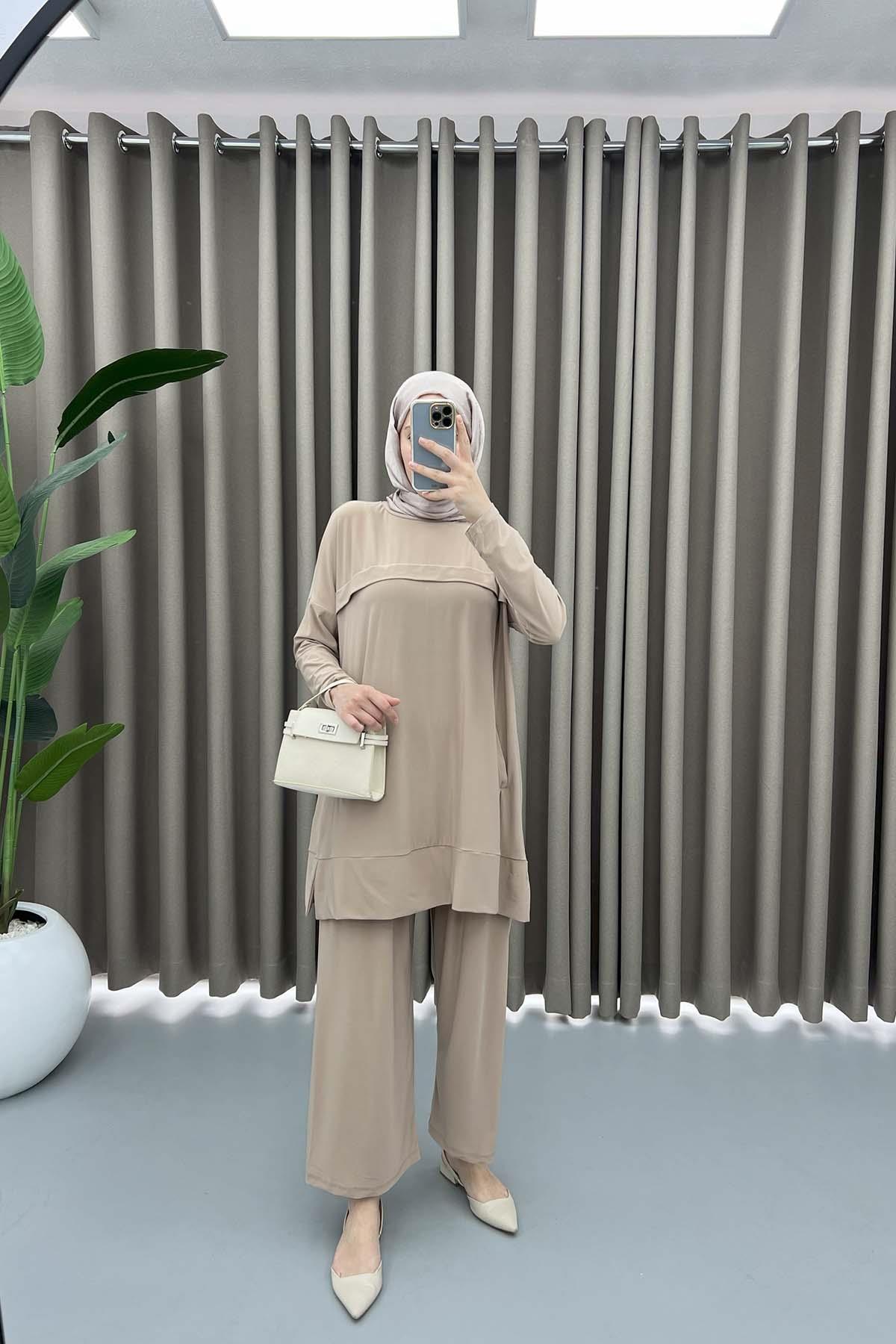 Cepli Bluz Takım Koyu Bej