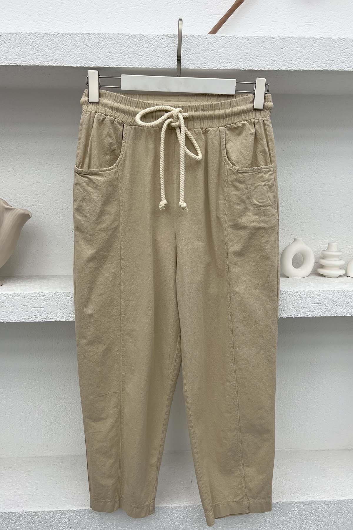 Cepli Keten Pantolon Bej