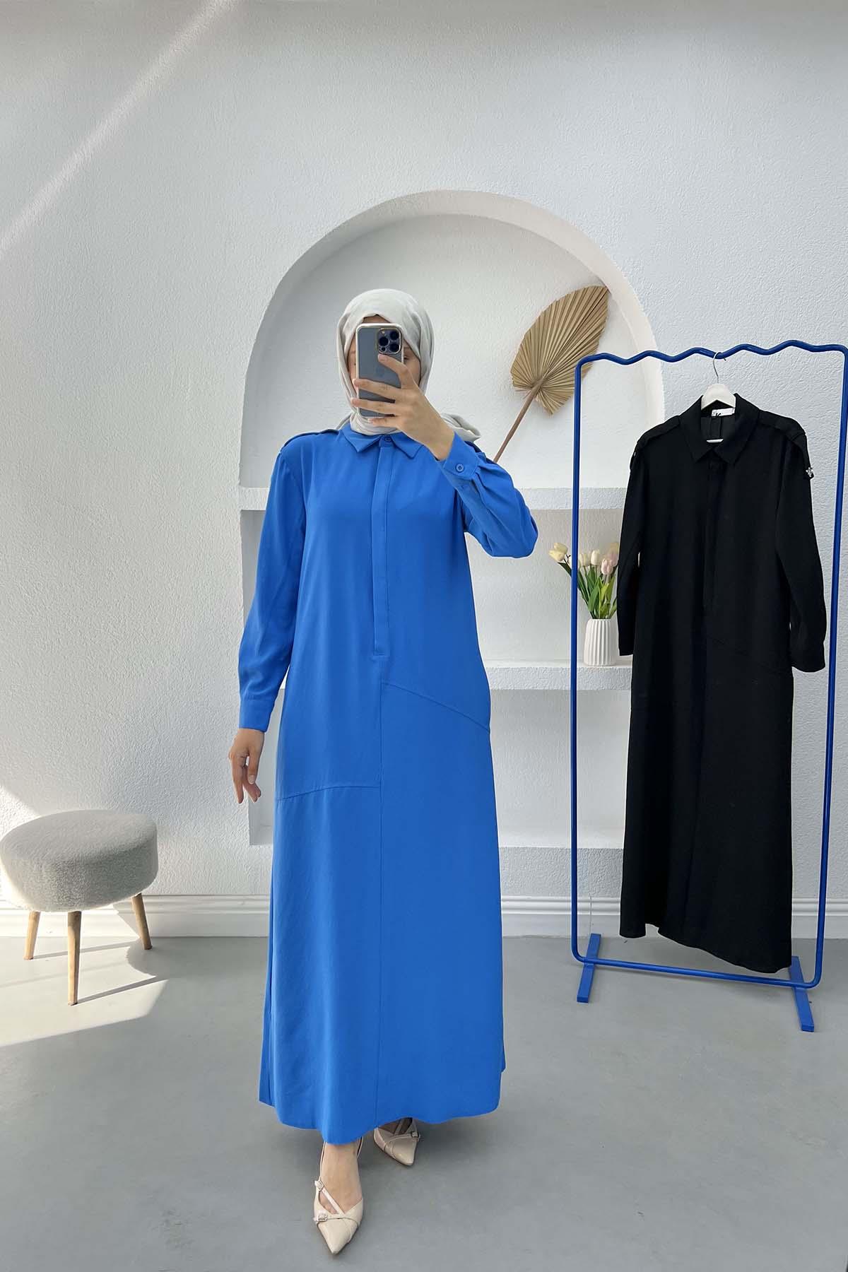 Cepli Kol Taşlı Elbise Mavi