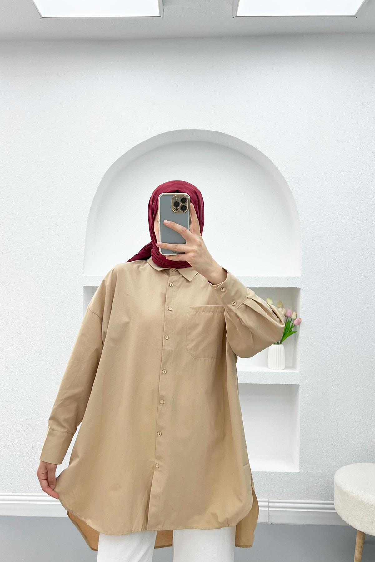 Cepli Oversize Gömlek Camel