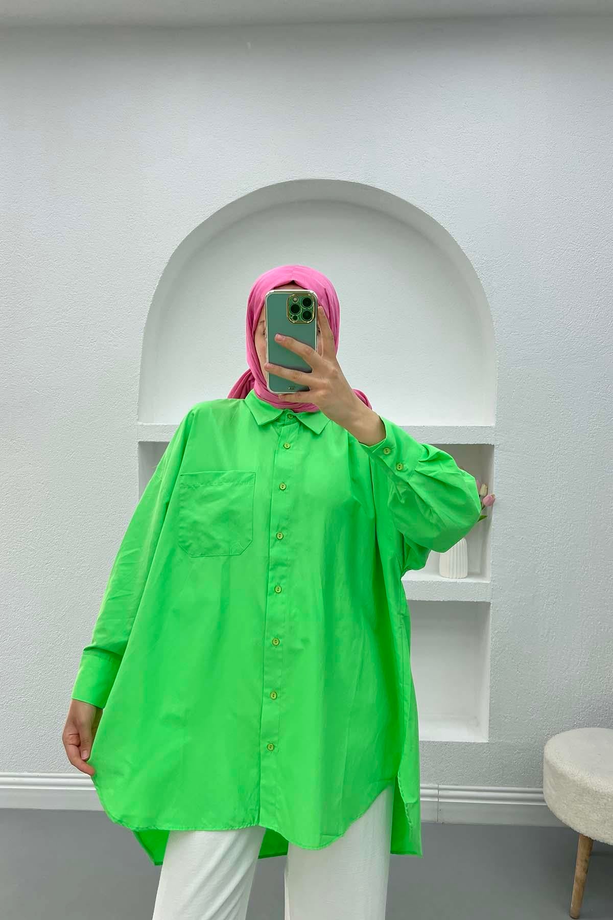Cepli Oversize Gömlek Neon Yeşil