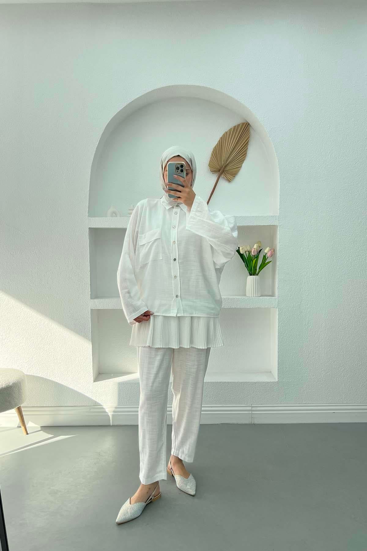 Cepli Oversize Keten Takım Beyaz