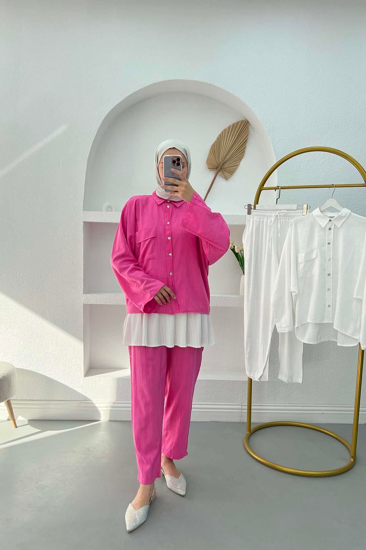 Cepli Oversize Keten Takım Pembe