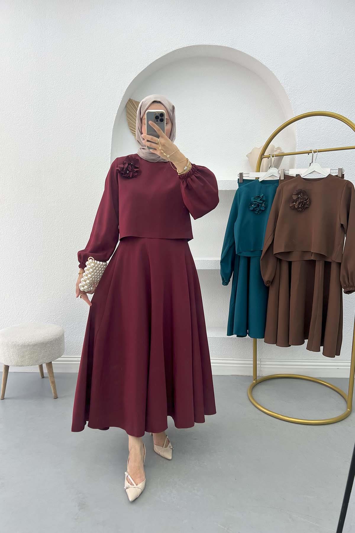 Çiçek Broşlu Crop Takım Bordo