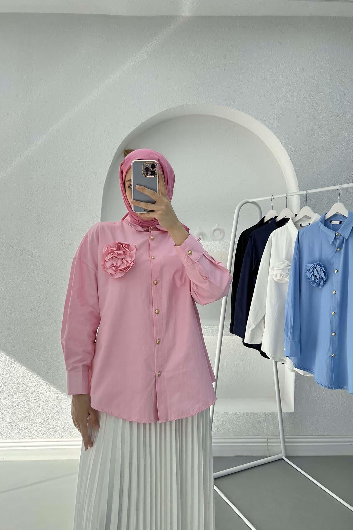 Çiçek Broşlu Gömlek Pembe