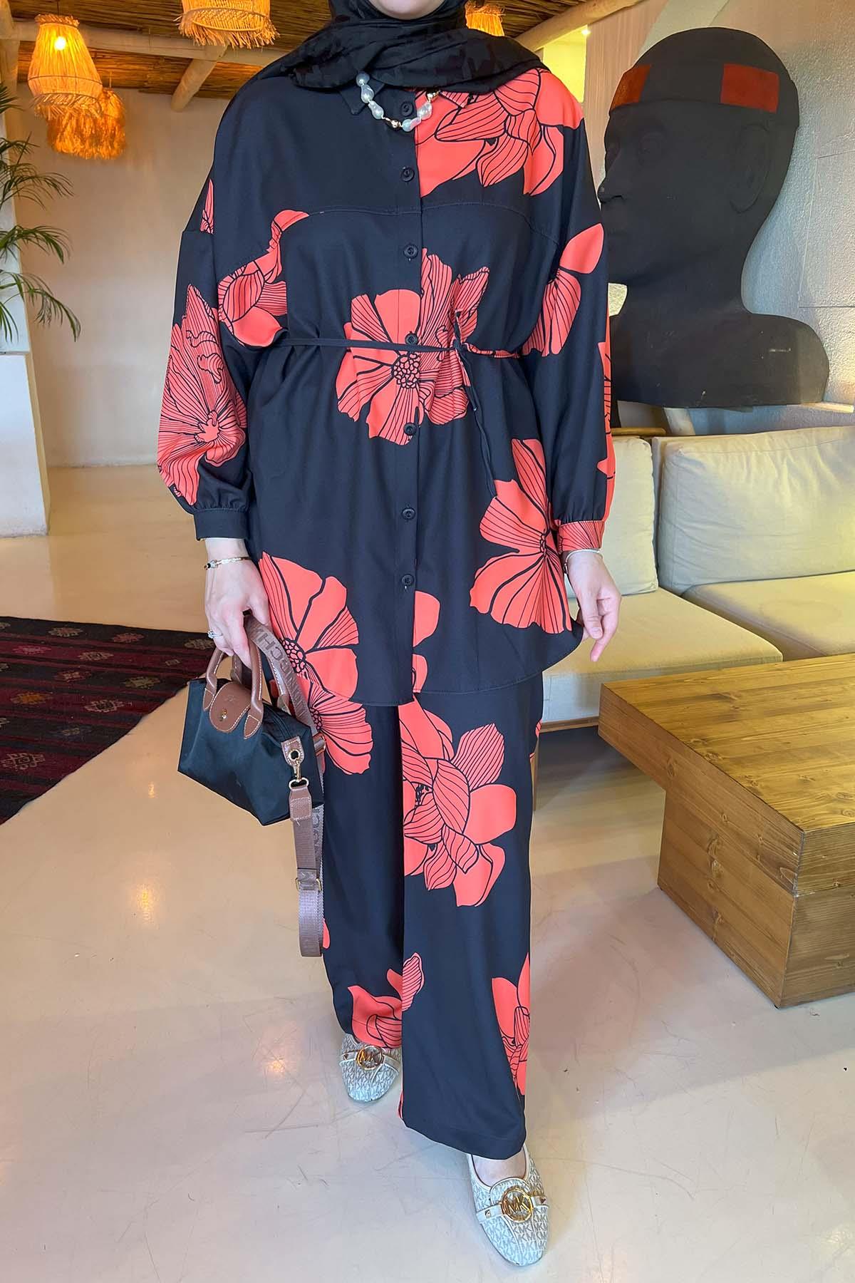 Çiçek Desenli Pantolon Takım Siyah