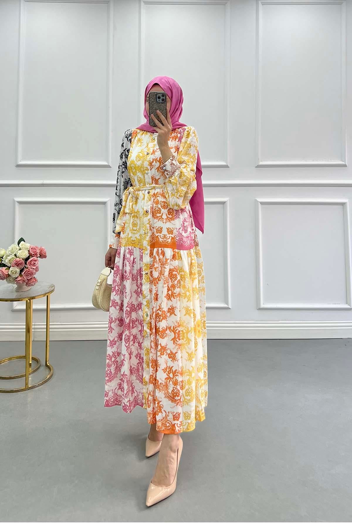 Çiçek Desenli Patchwork Elbise Sarı