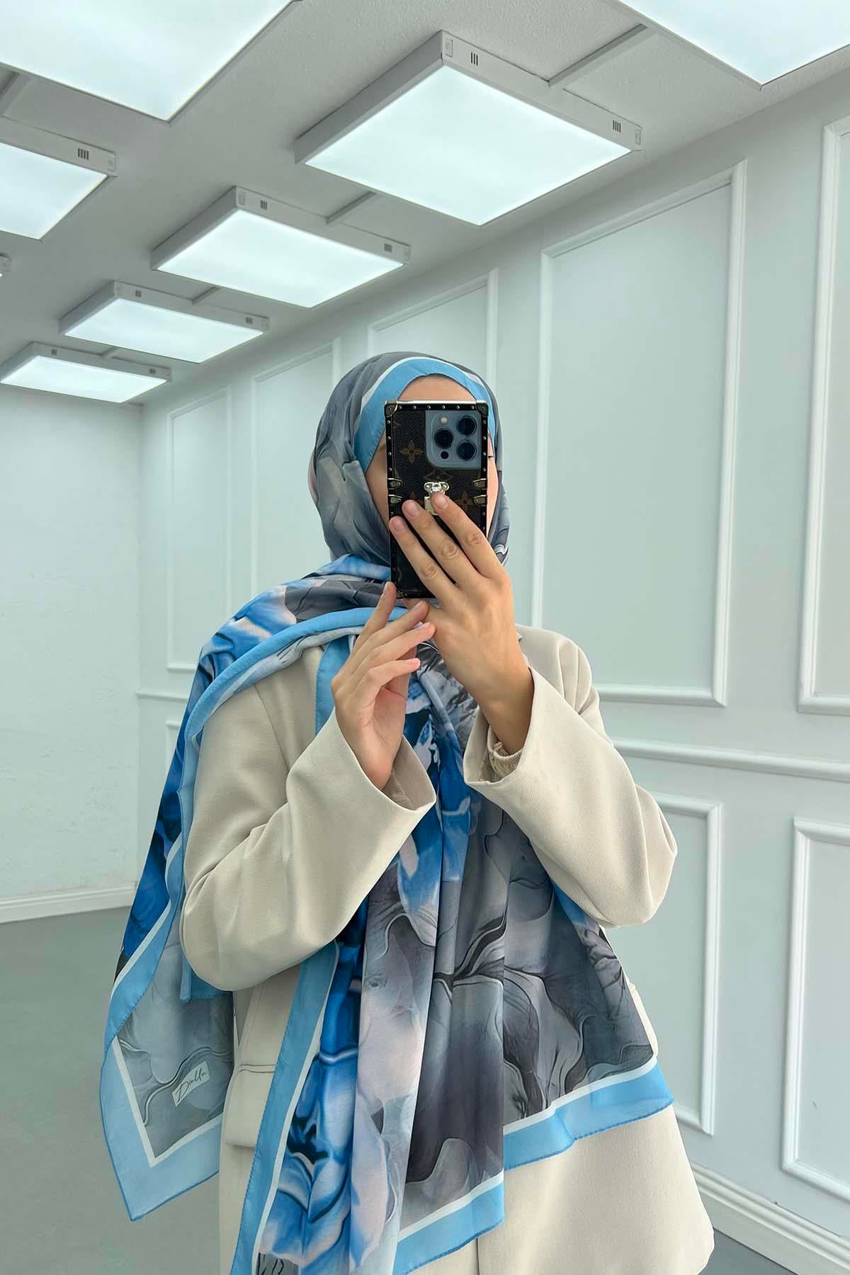 Çiçek Desenli Şal Mavi