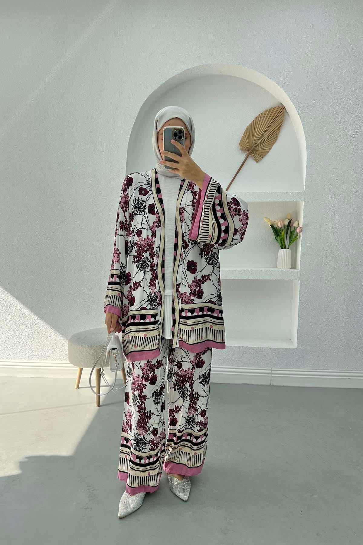 Çiçek Desenli Viskon Kimono Takım Fuşya