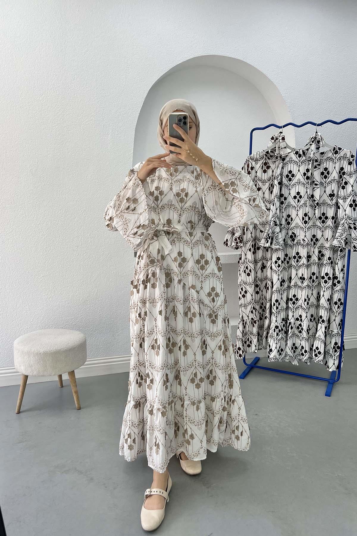 Çiçek İşlemeli Elbise Vizon