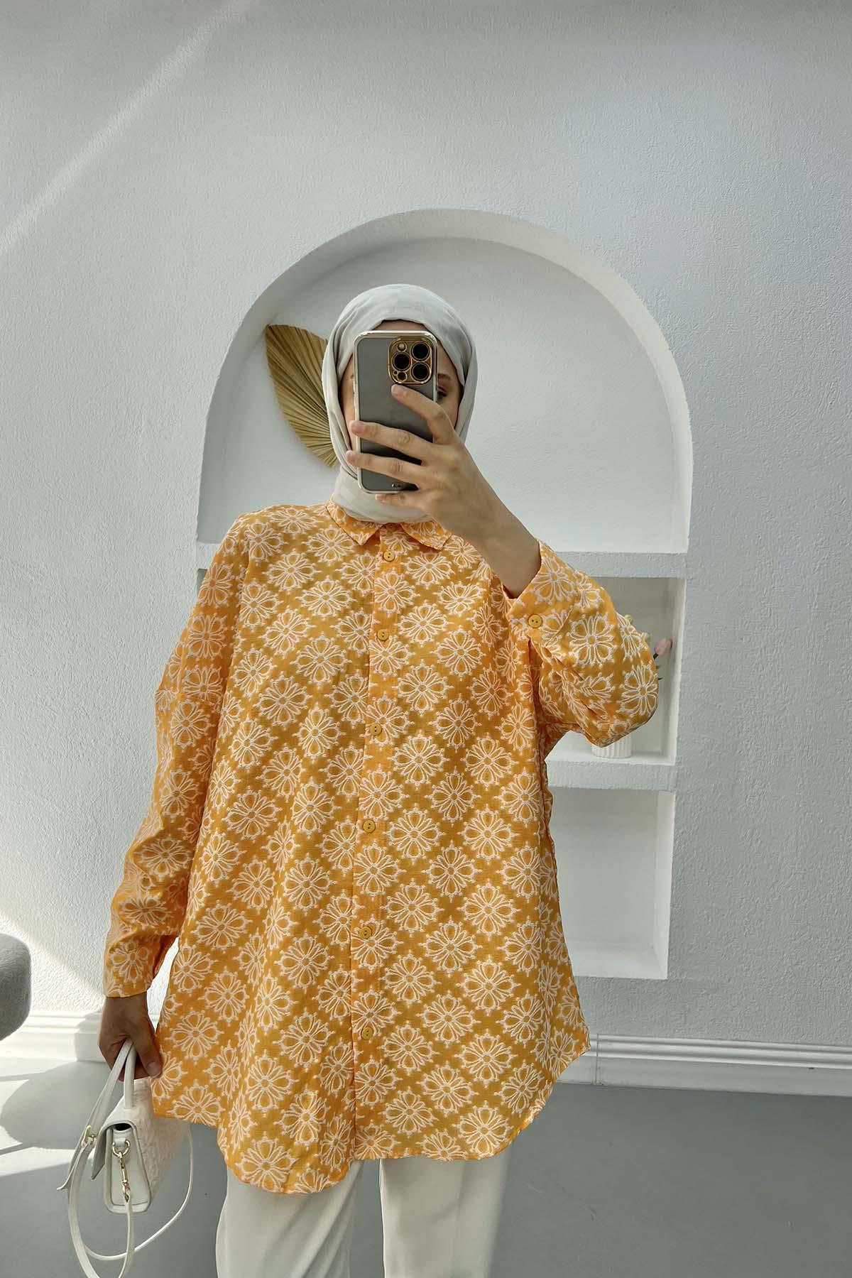 Çiçek İşlemeli Oversize Gömlek Hardal