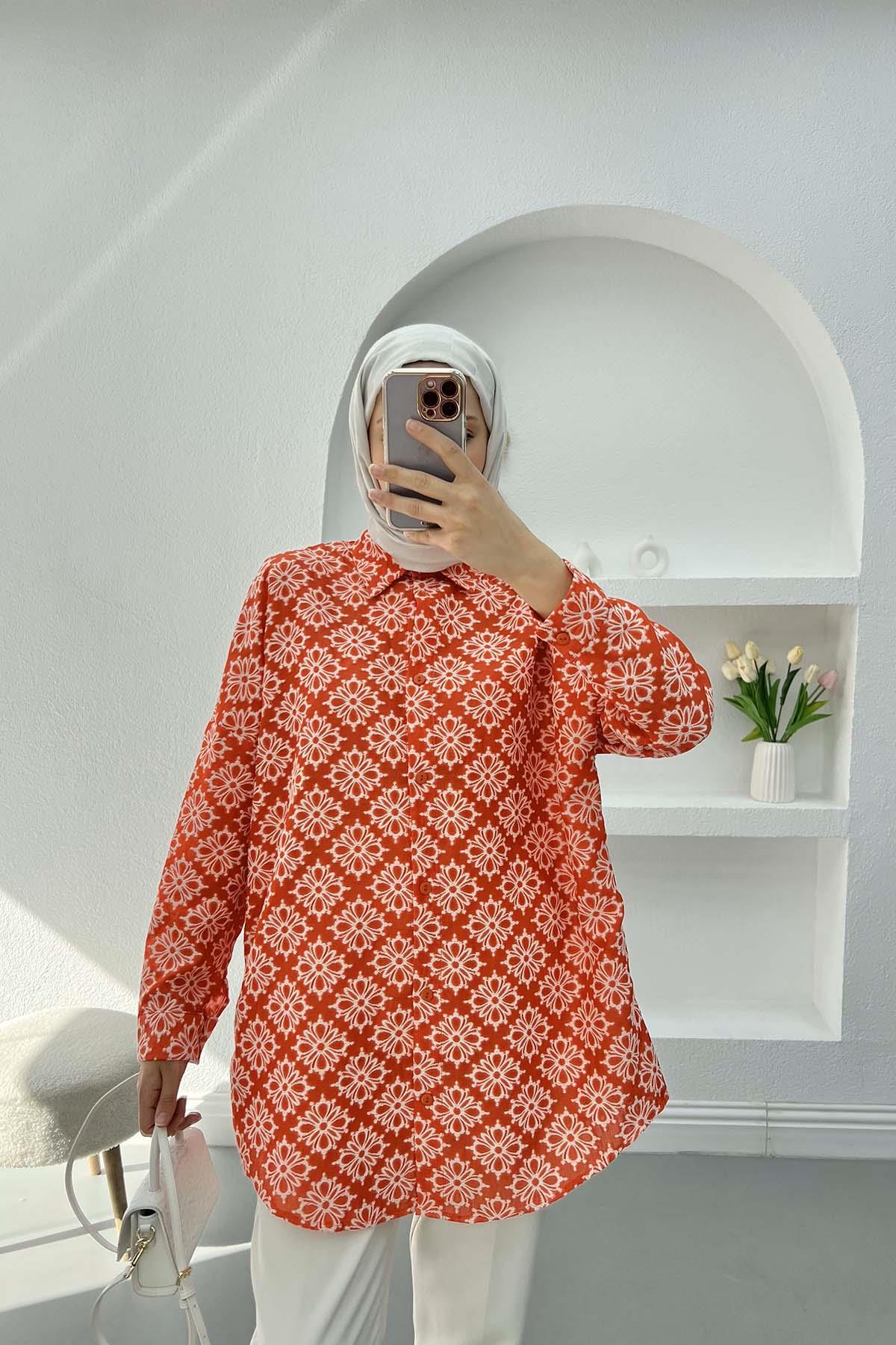 Çiçek İşlemeli Oversize Gömlek Kırmızı