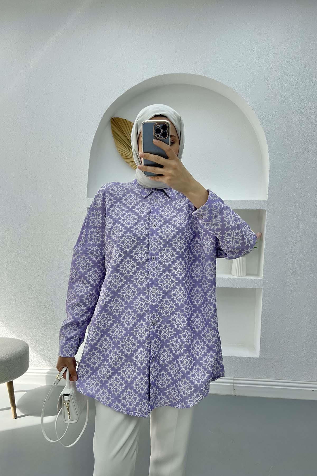 Çiçek İşlemeli Oversize Gömlek Lila