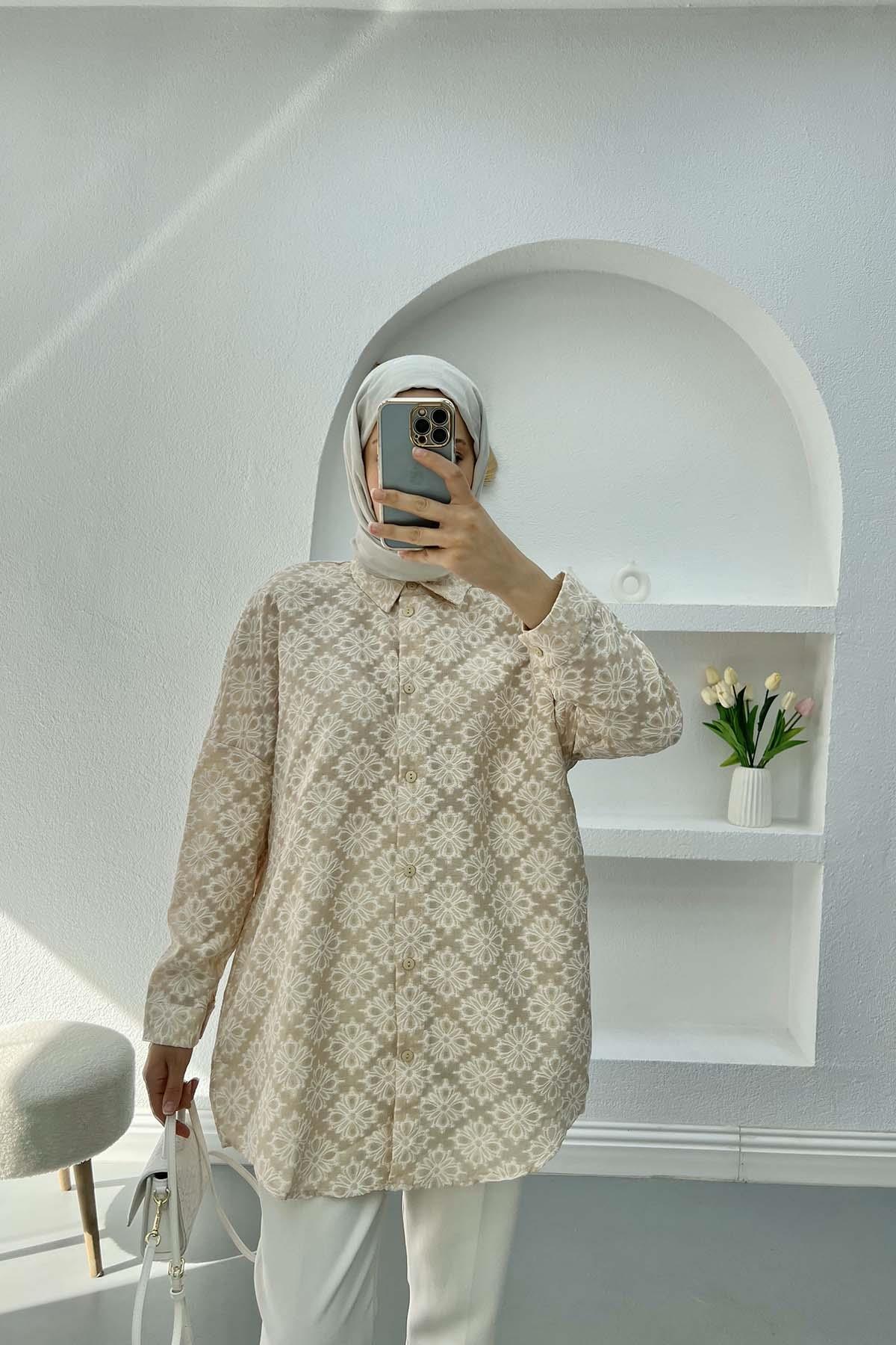Çiçek İşlemeli Oversize Gömlek Taş