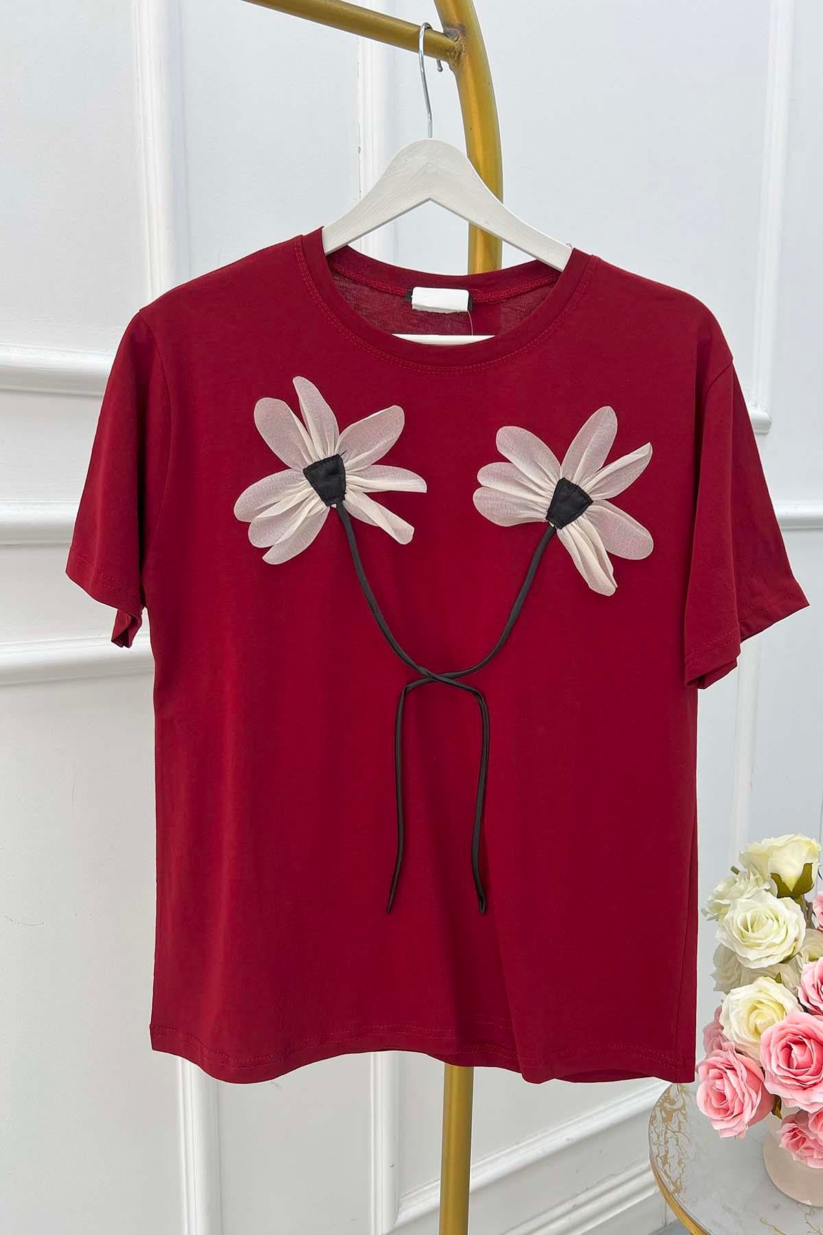 Çiçek Motifli Tshirt Bordo