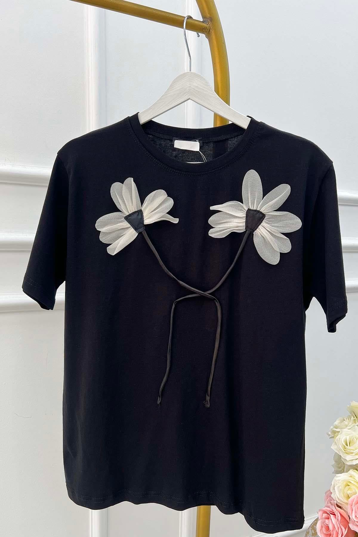 Çiçek Motifli Tshirt Siyah