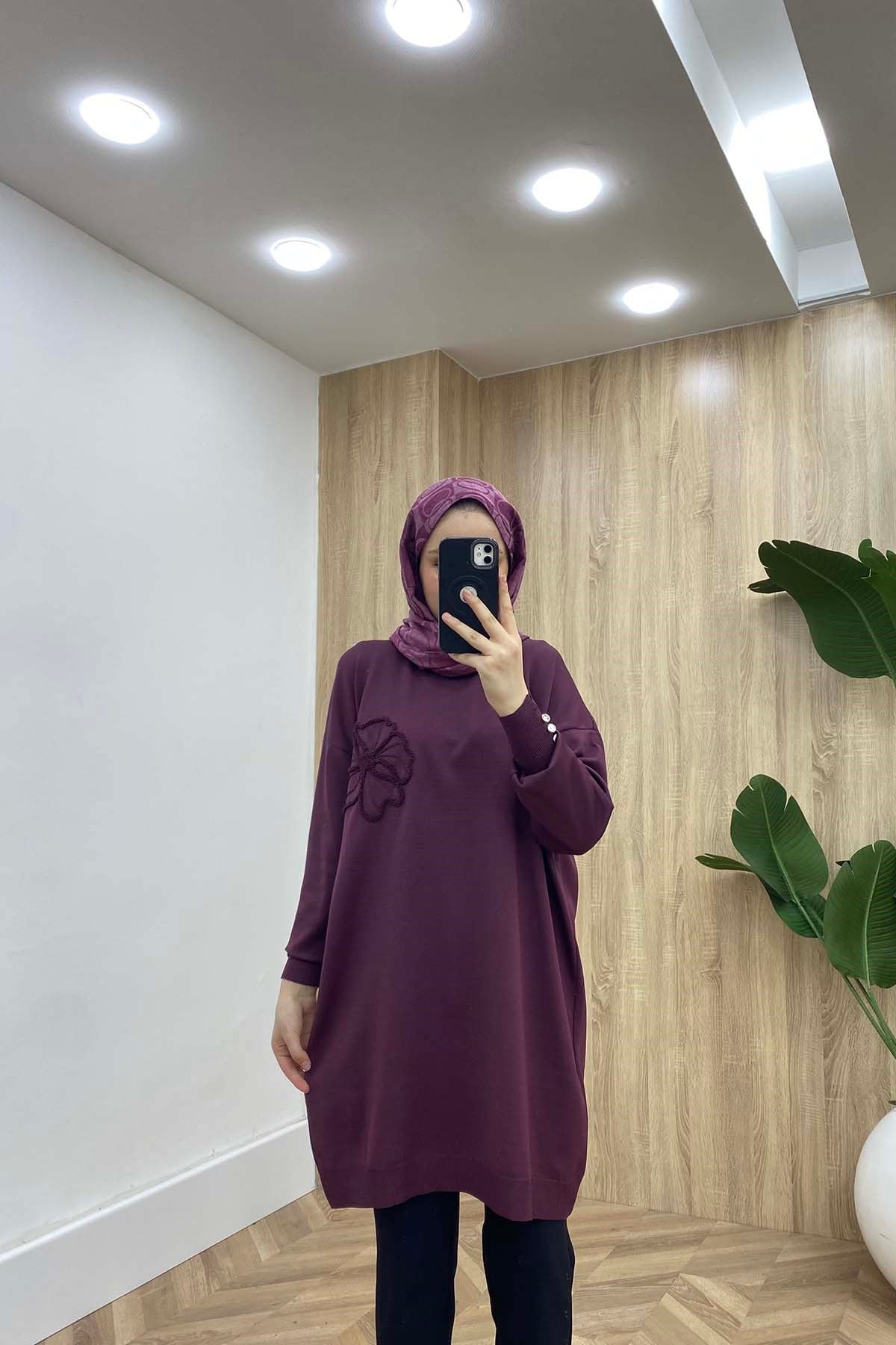 Çiçek Nakışlı Triko Tunik Mürdüm