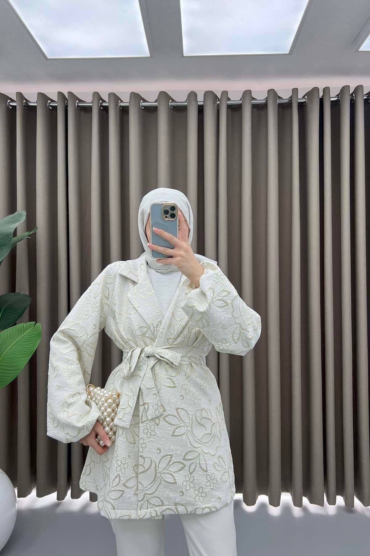 Çiçek Simli Kimono Ekru