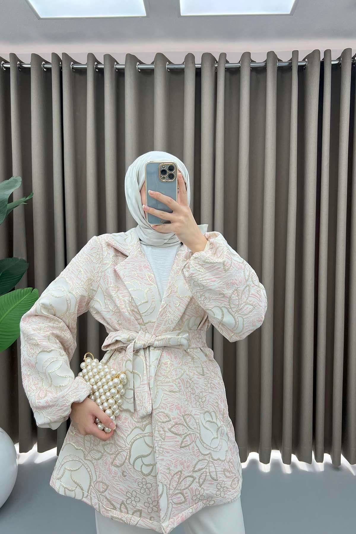Çiçek Simli Kimono Pembe