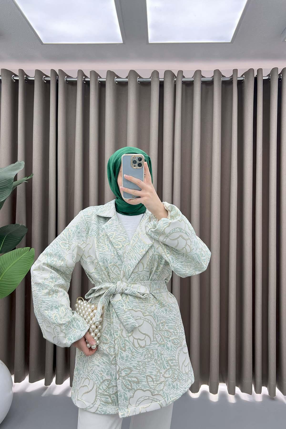 Çiçek Simli Kimono Su Yeşili