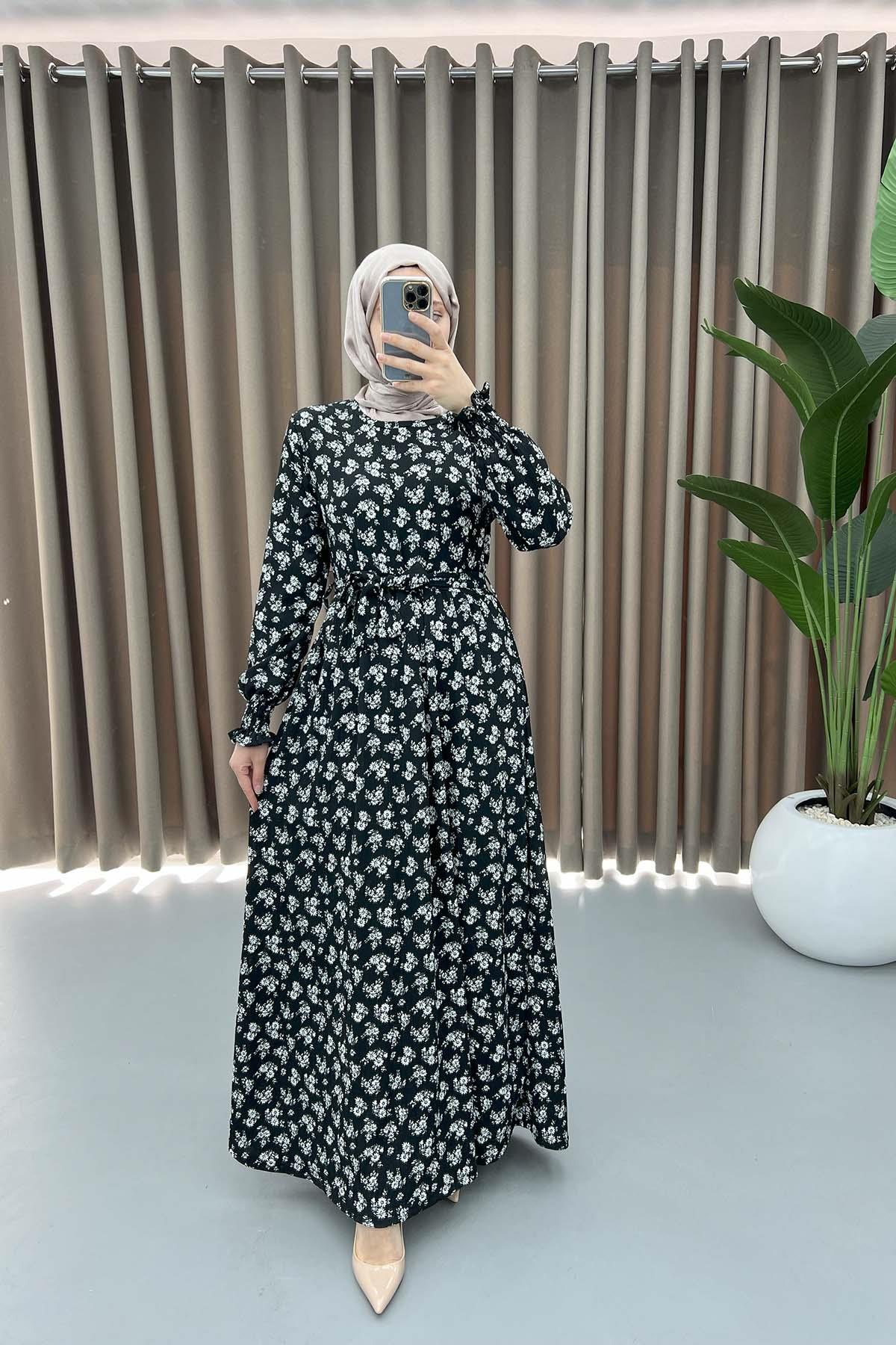 Çiçekli Elbise Siyah