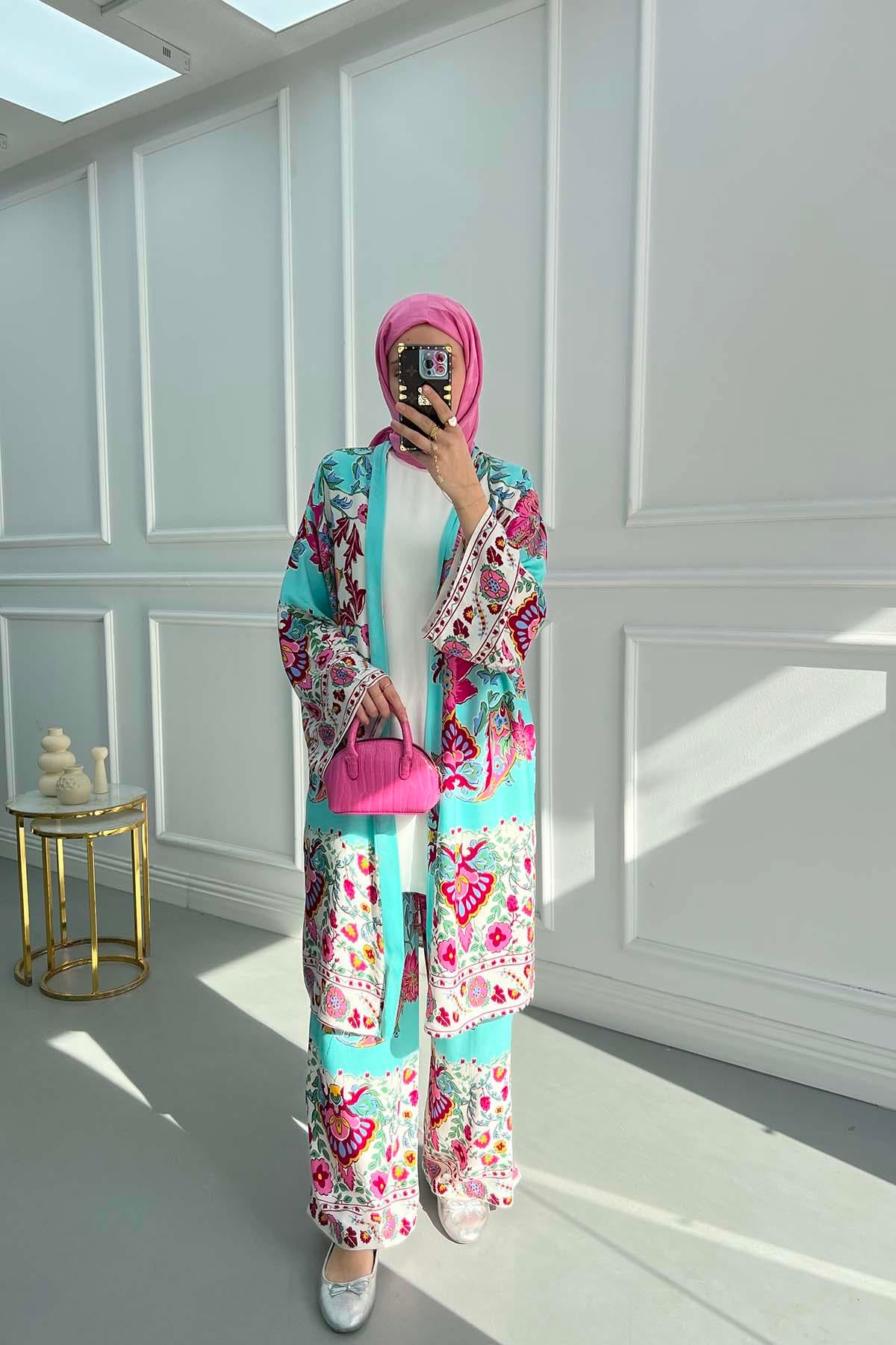 Çiçekli Kimono Takım Fuşya