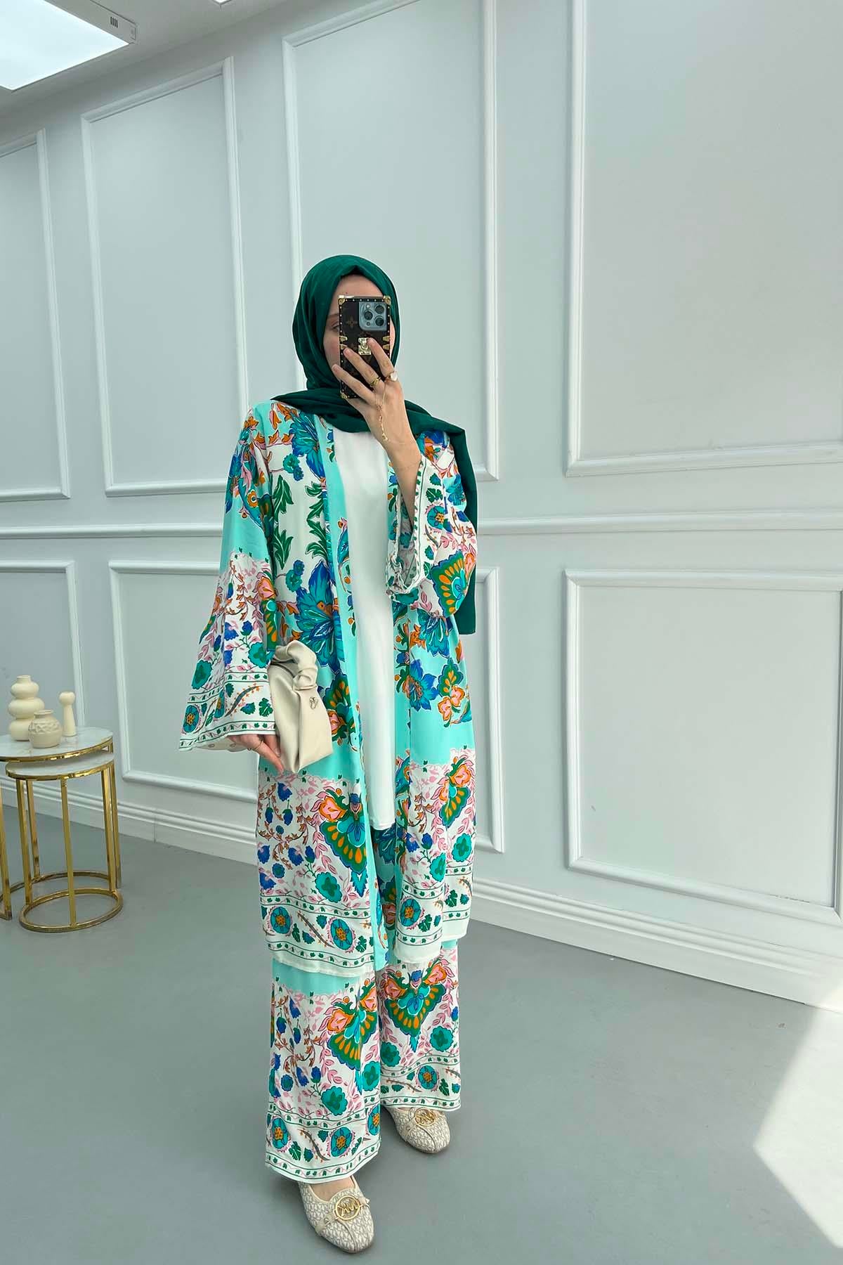 Çiçekli Kimono Takım Turuncu