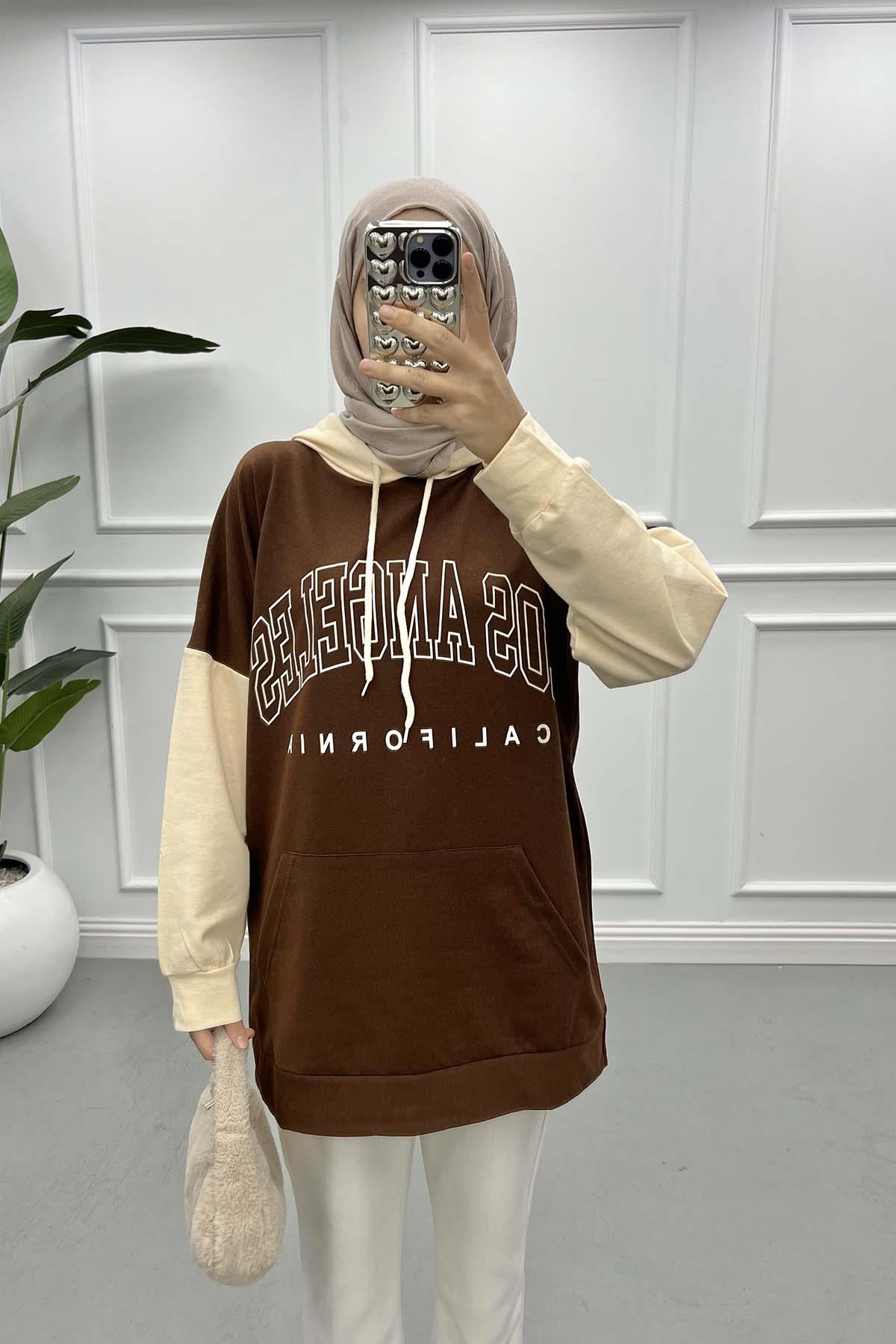 Çift Renkli Yazılı Sweatshirt Acı Kahve