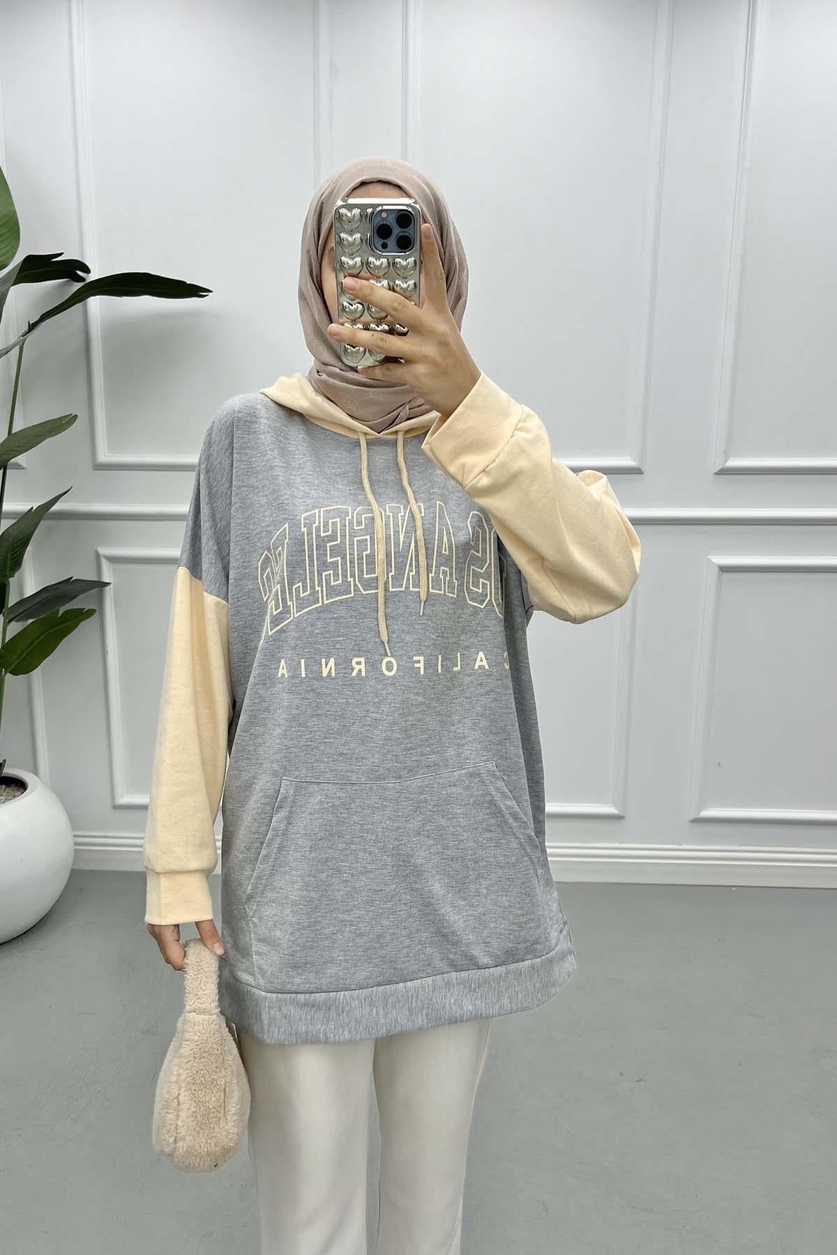 Çift Renkli Yazılı Sweatshirt Gri