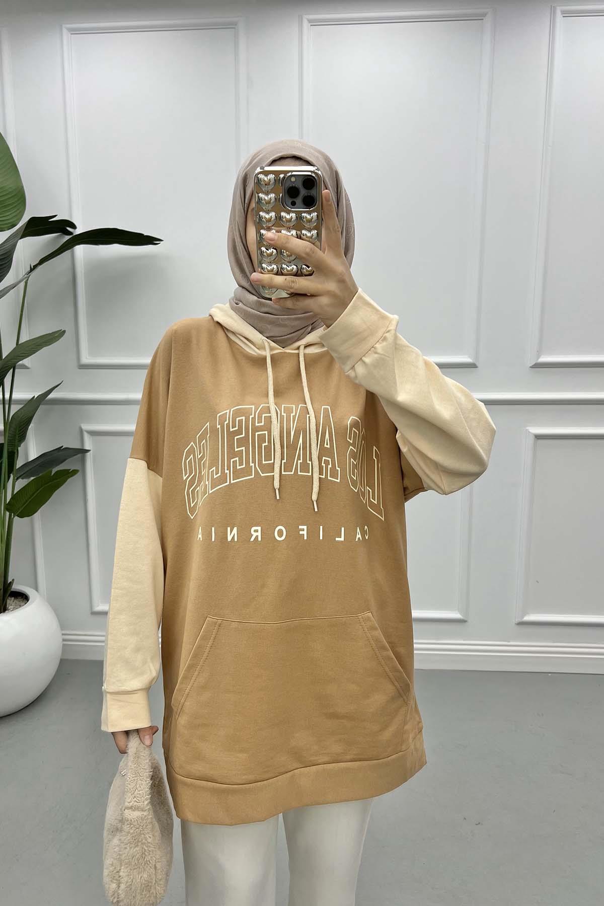 Çift Renkli Yazılı Sweatshirt Sütlü Kahve