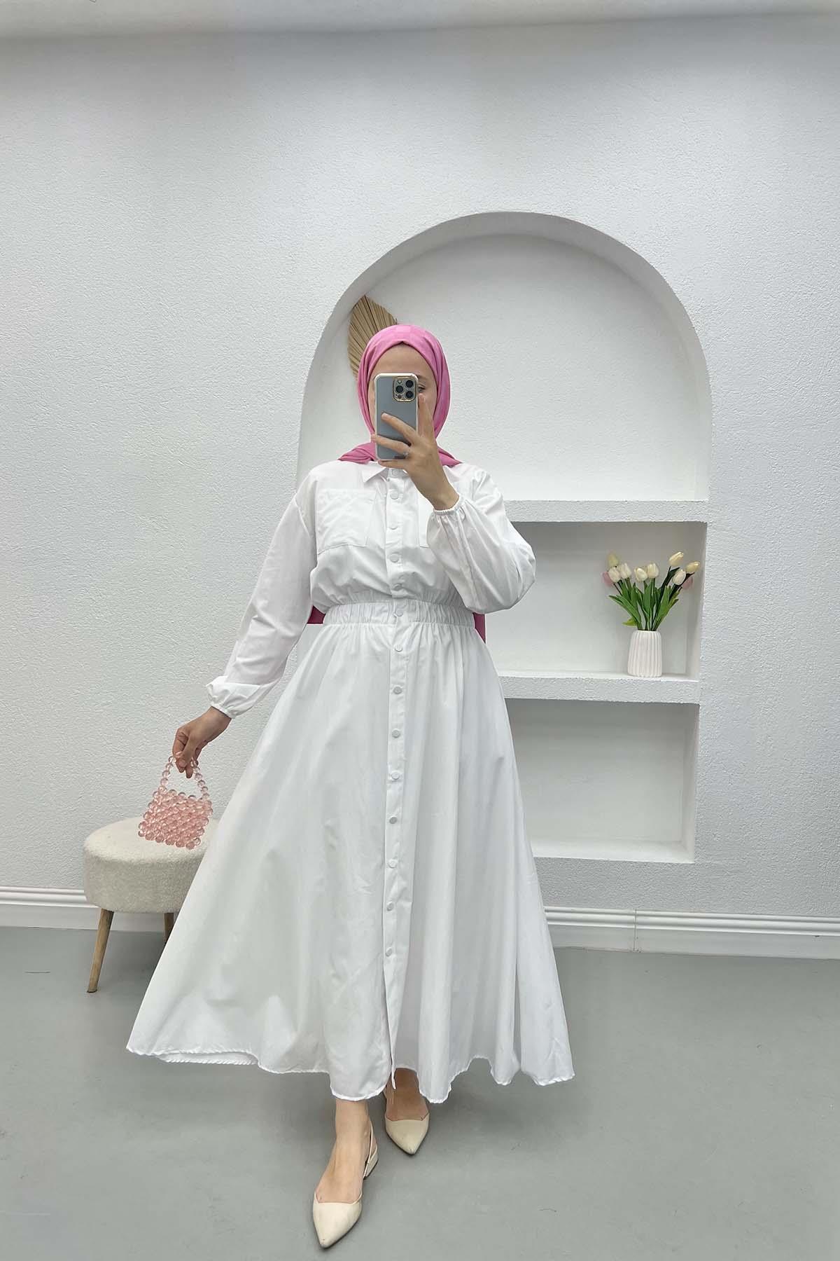 Çıtçıtlı Beymen Elbise Beyaz