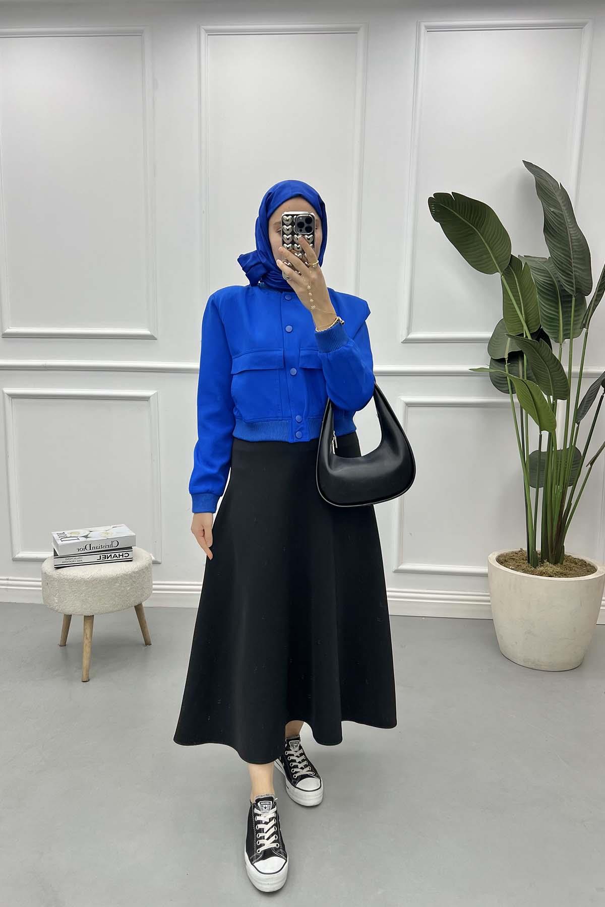 Çıtçıtlı Bomber Ceket Saks Mavi