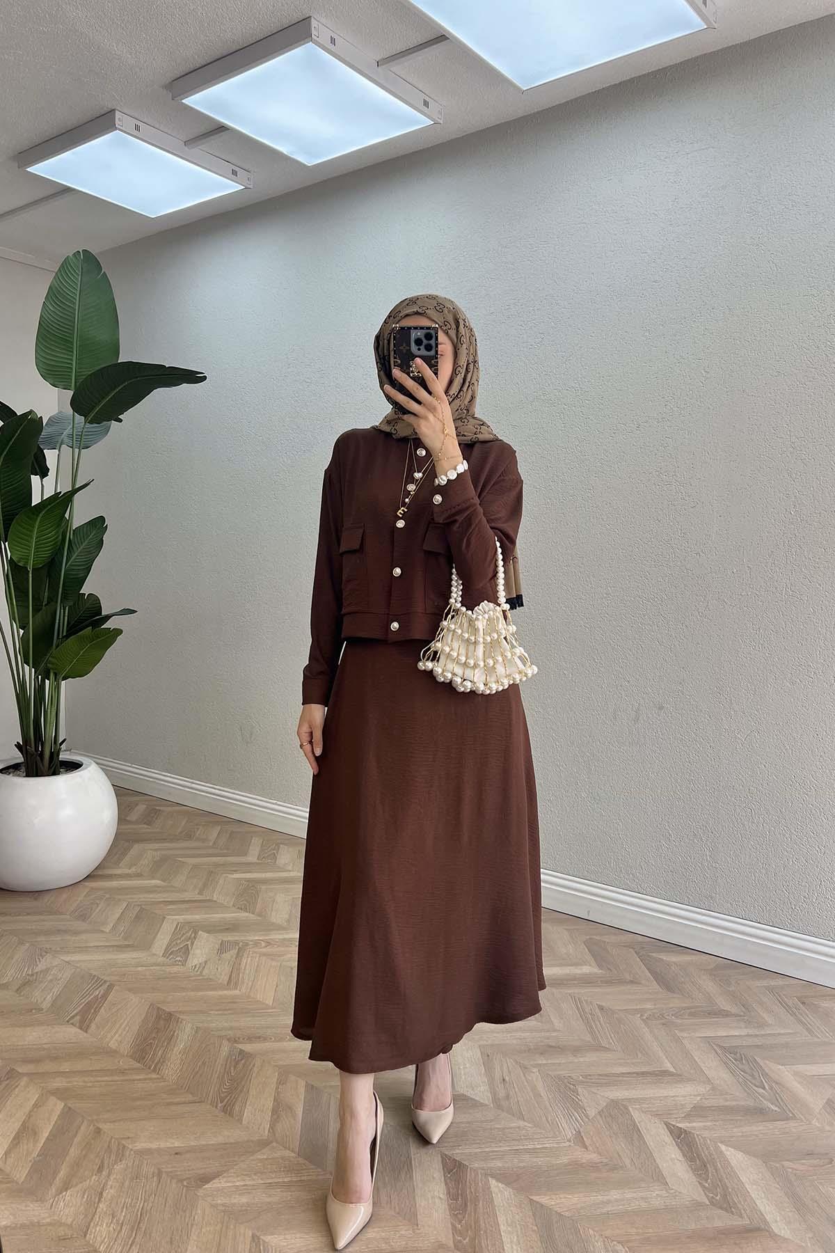 Çıtçıtlı Etek Takım Kahve