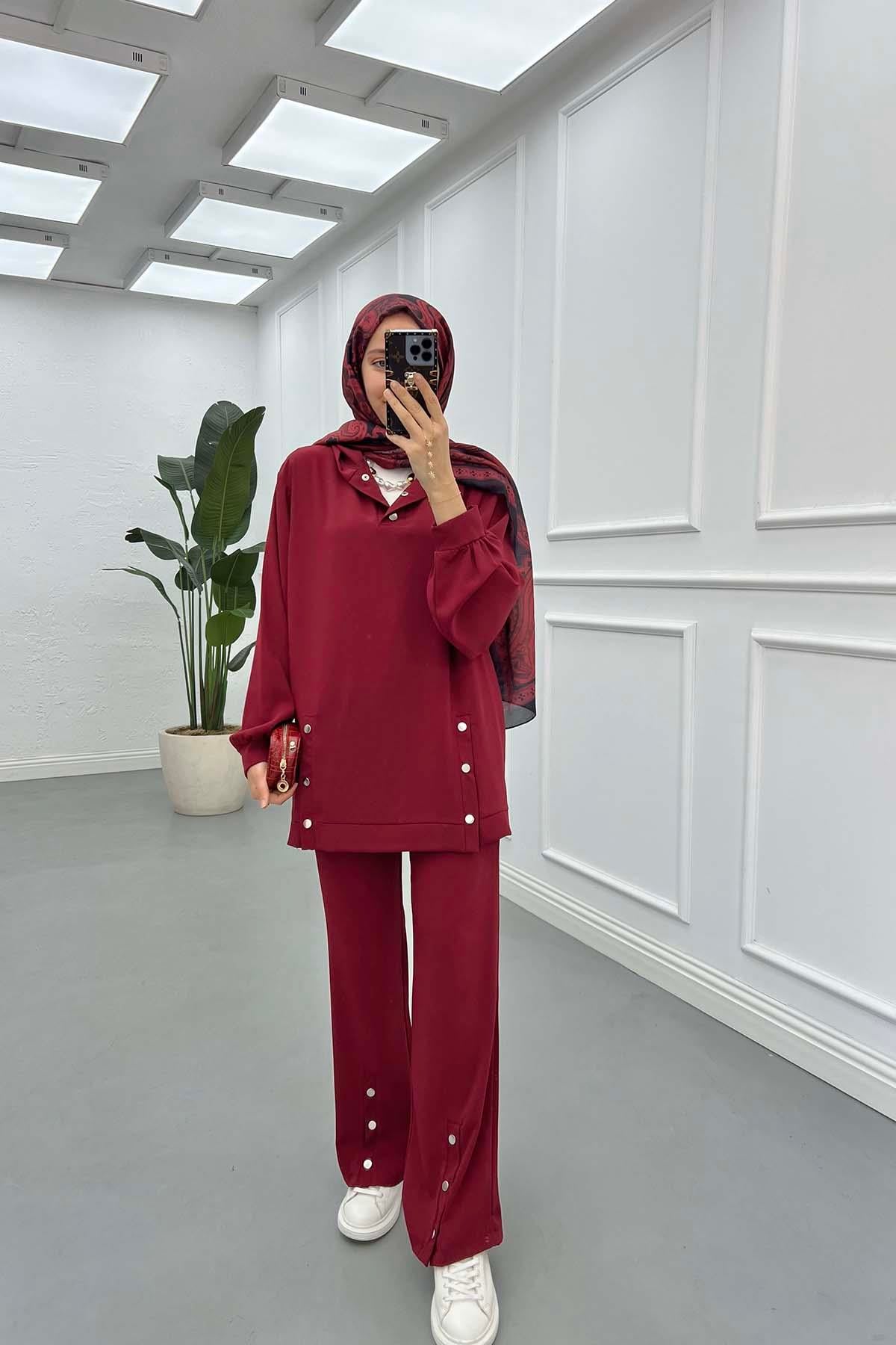 Çıtçıtlı Kapüşonlu Takım Bordo