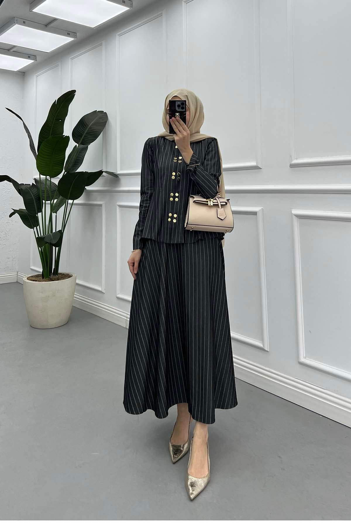 Çıtçıtlı Pinstripe Desen Tensel Kot Takım Siyah