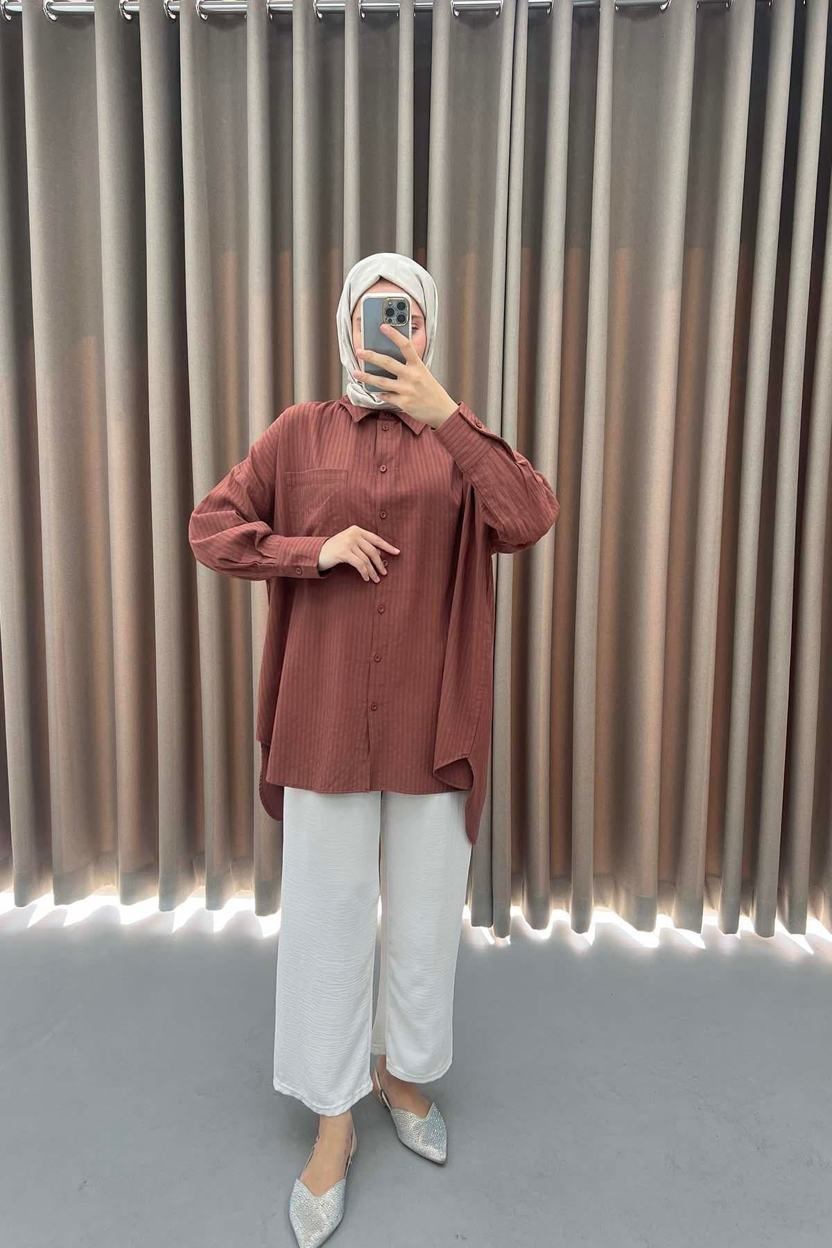 Çizgi Dokulu Oversize Gömlek Kahve