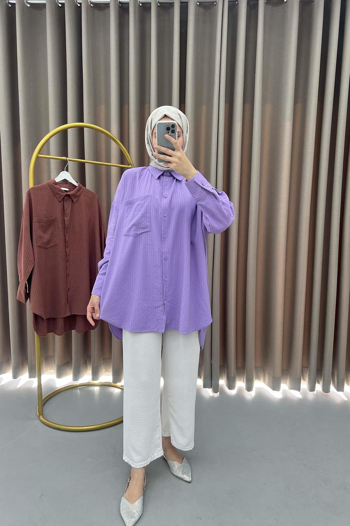 Çizgi Dokulu Oversize Gömlek Lila