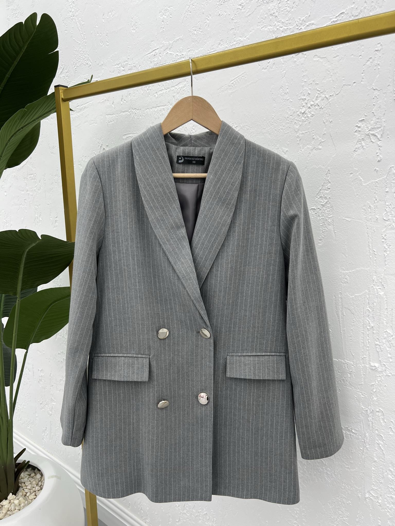 Çizgili Astarlı Blazer Ceket Gri
