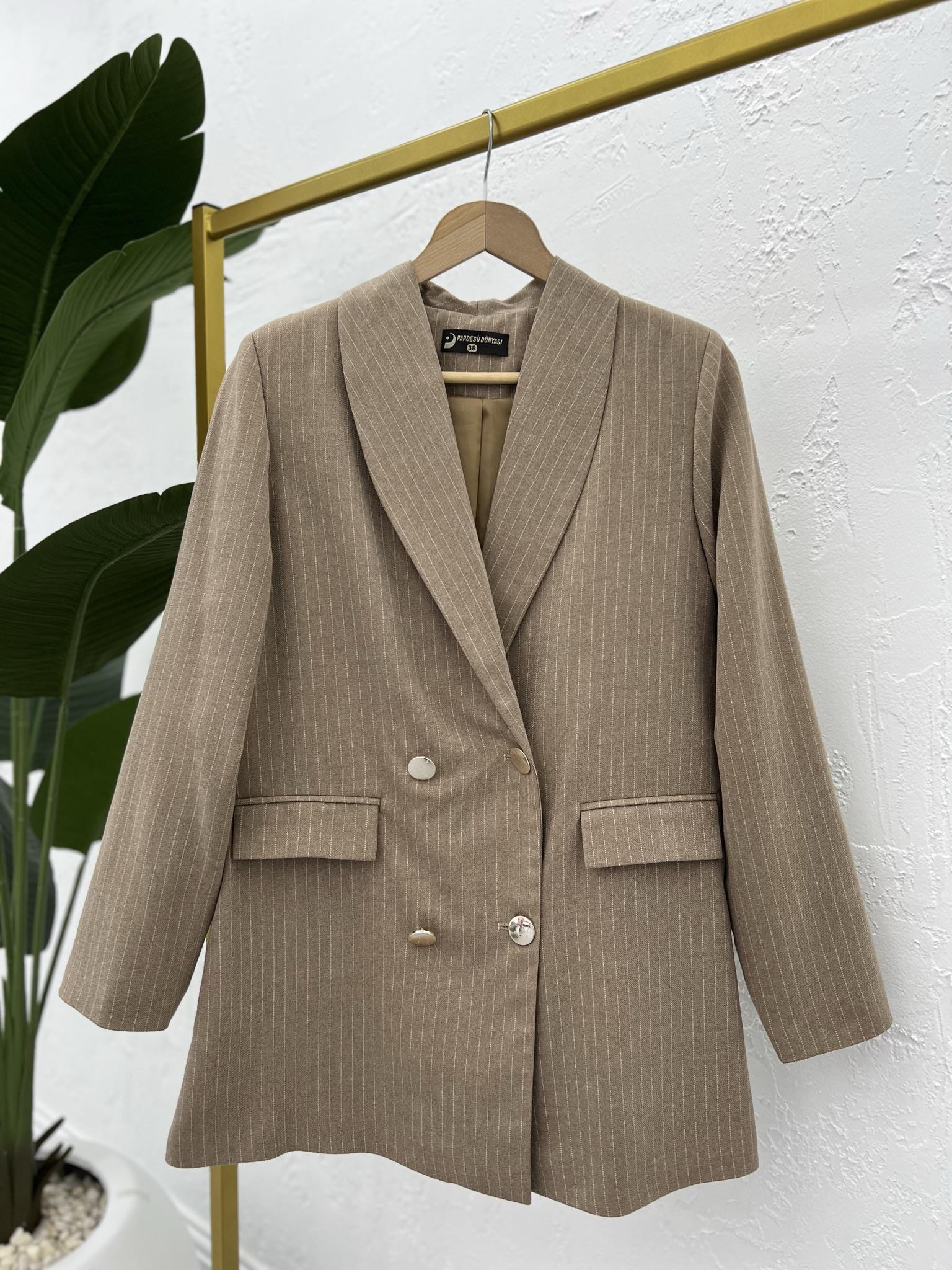 Çizgili Astarlı Blazer Ceket Kahve