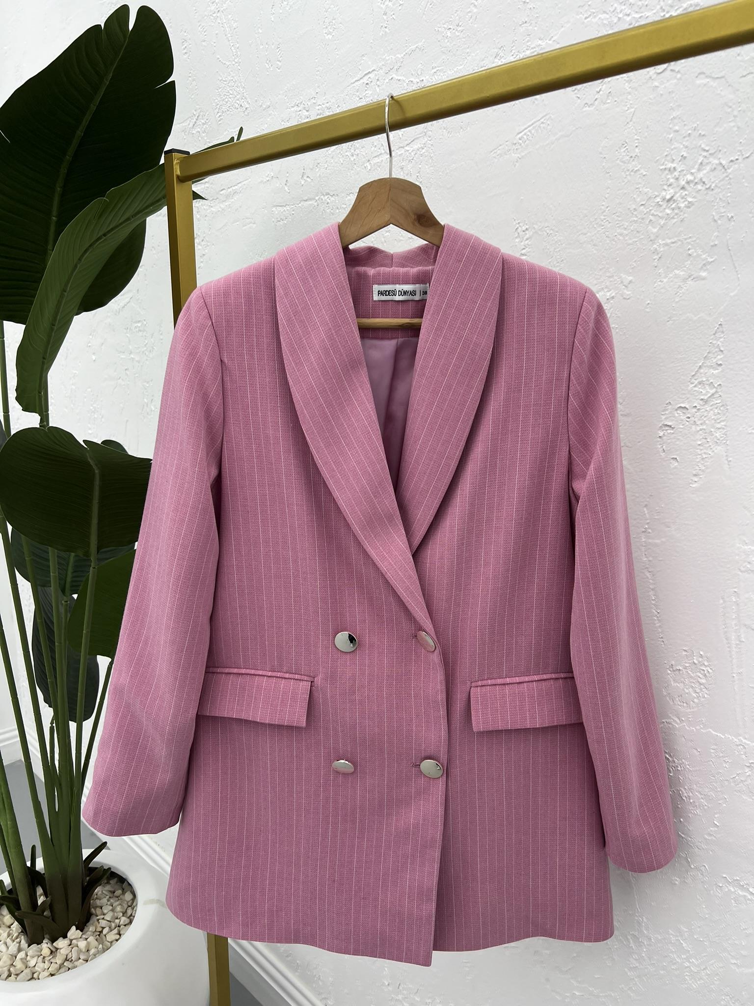 Çizgili Astarlı Blazer Ceket Pembe