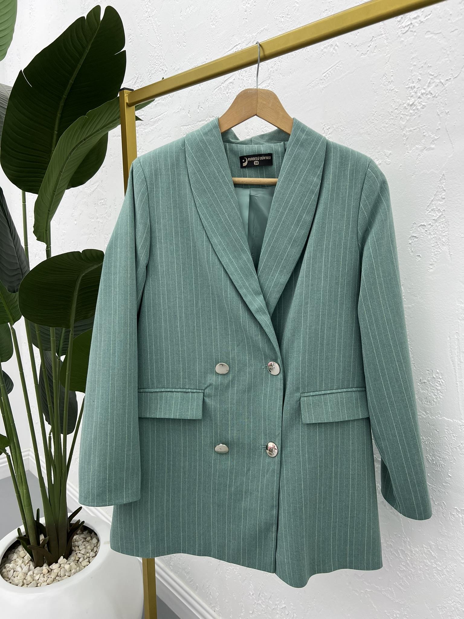 Çizgili Astarlı Blazer Ceket Su Yeşili