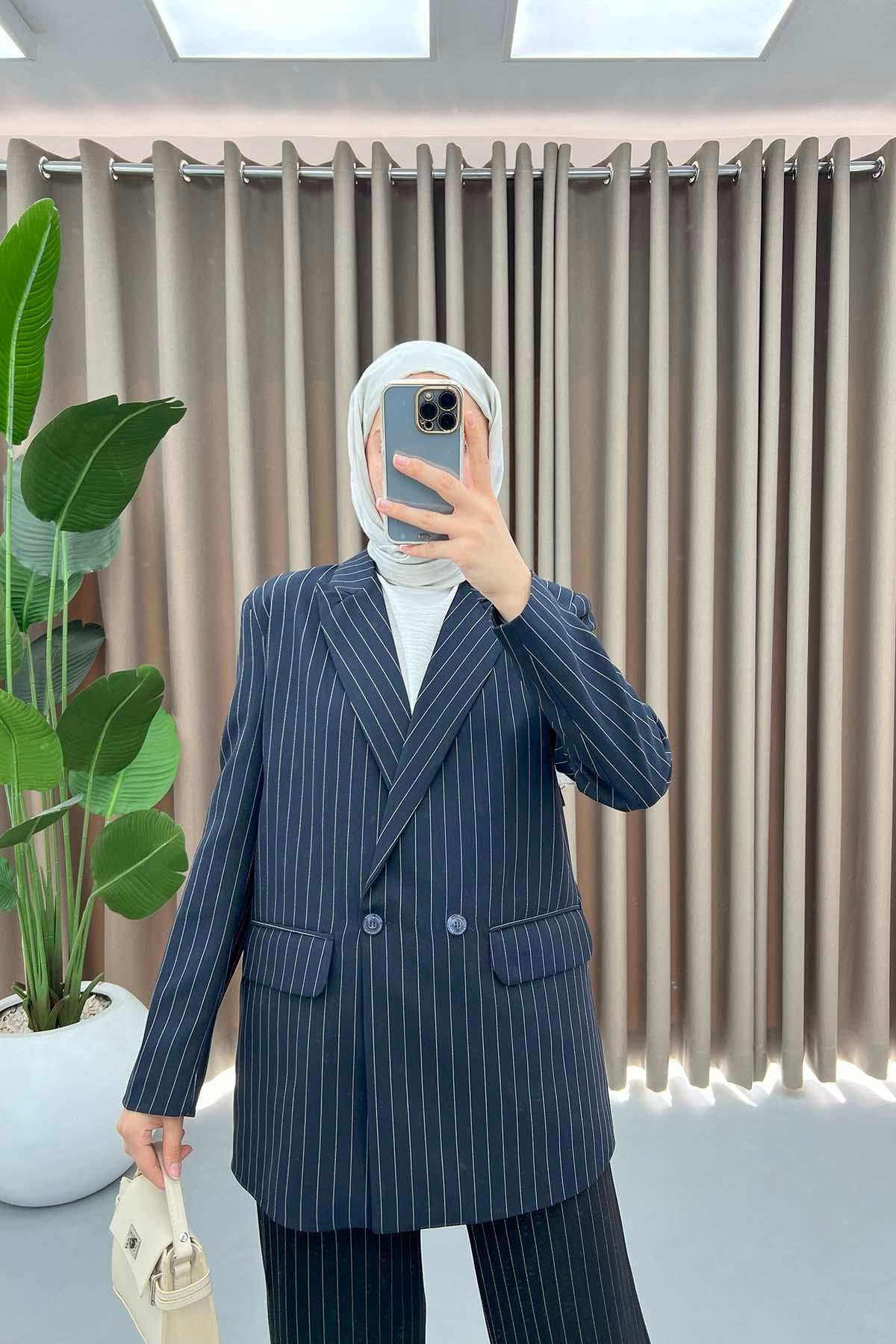 Çizgili Blazer Ceket Lacivert
