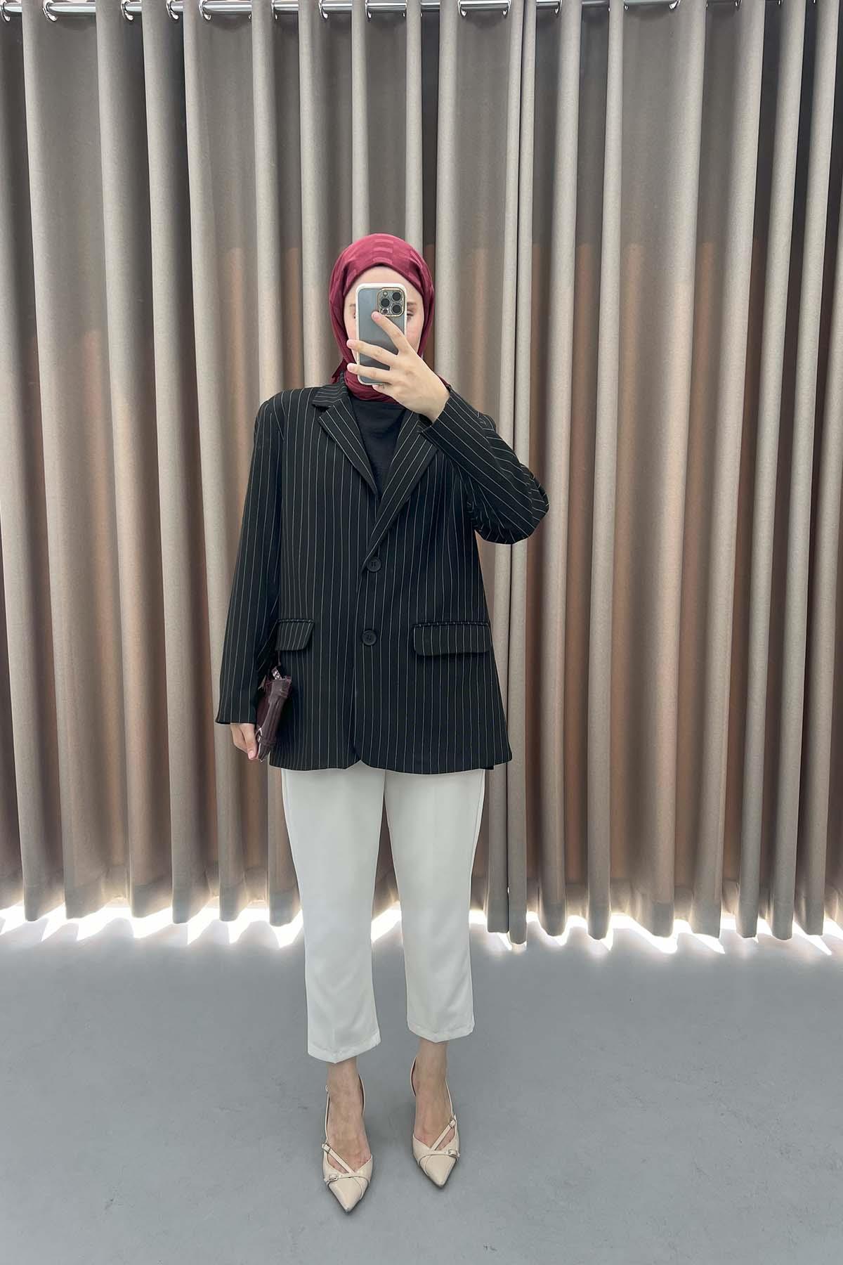 Çizgili Blazer Ceket Siyah