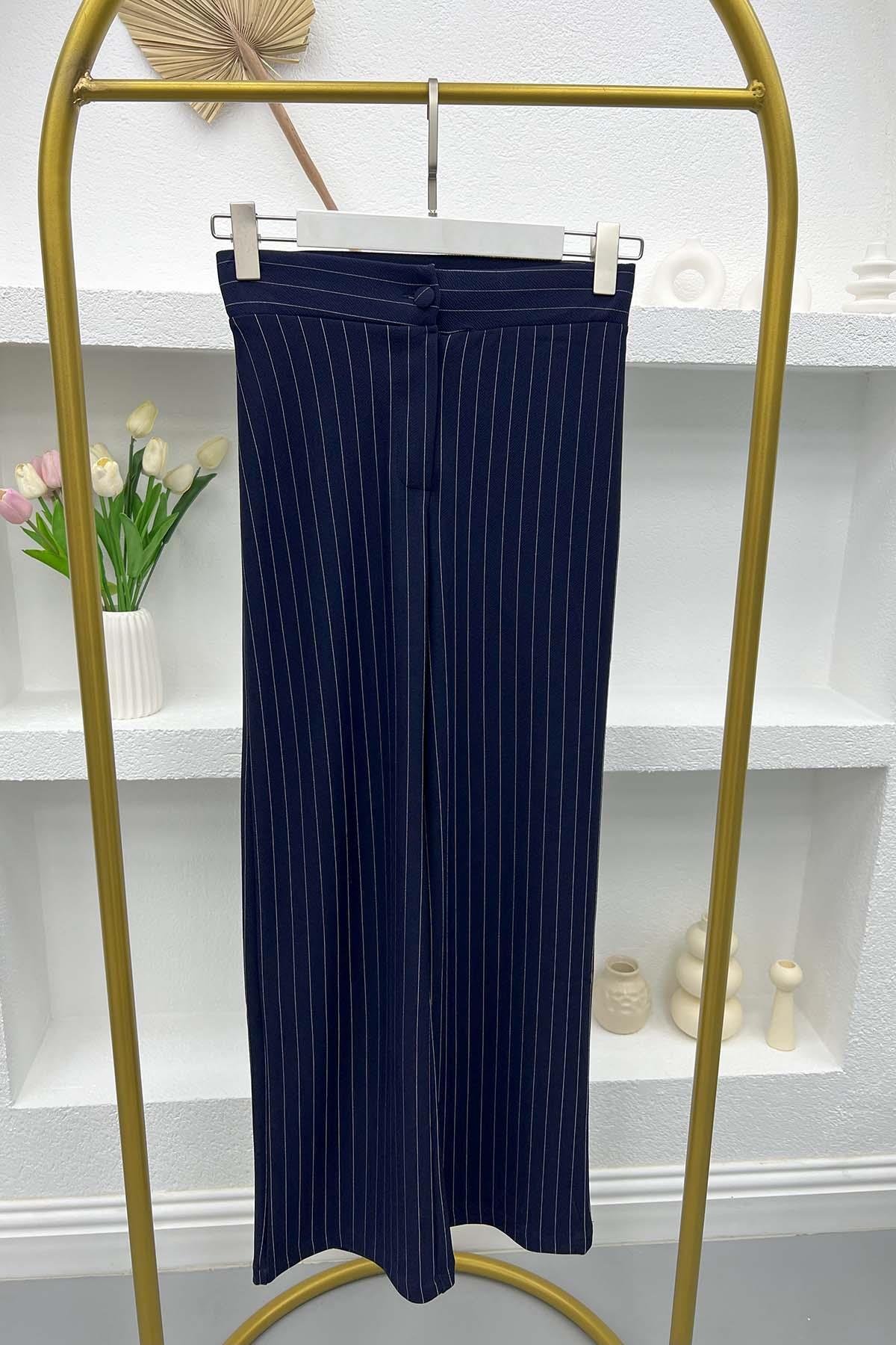Çizgili Bol Paça Pantolon Lacivert